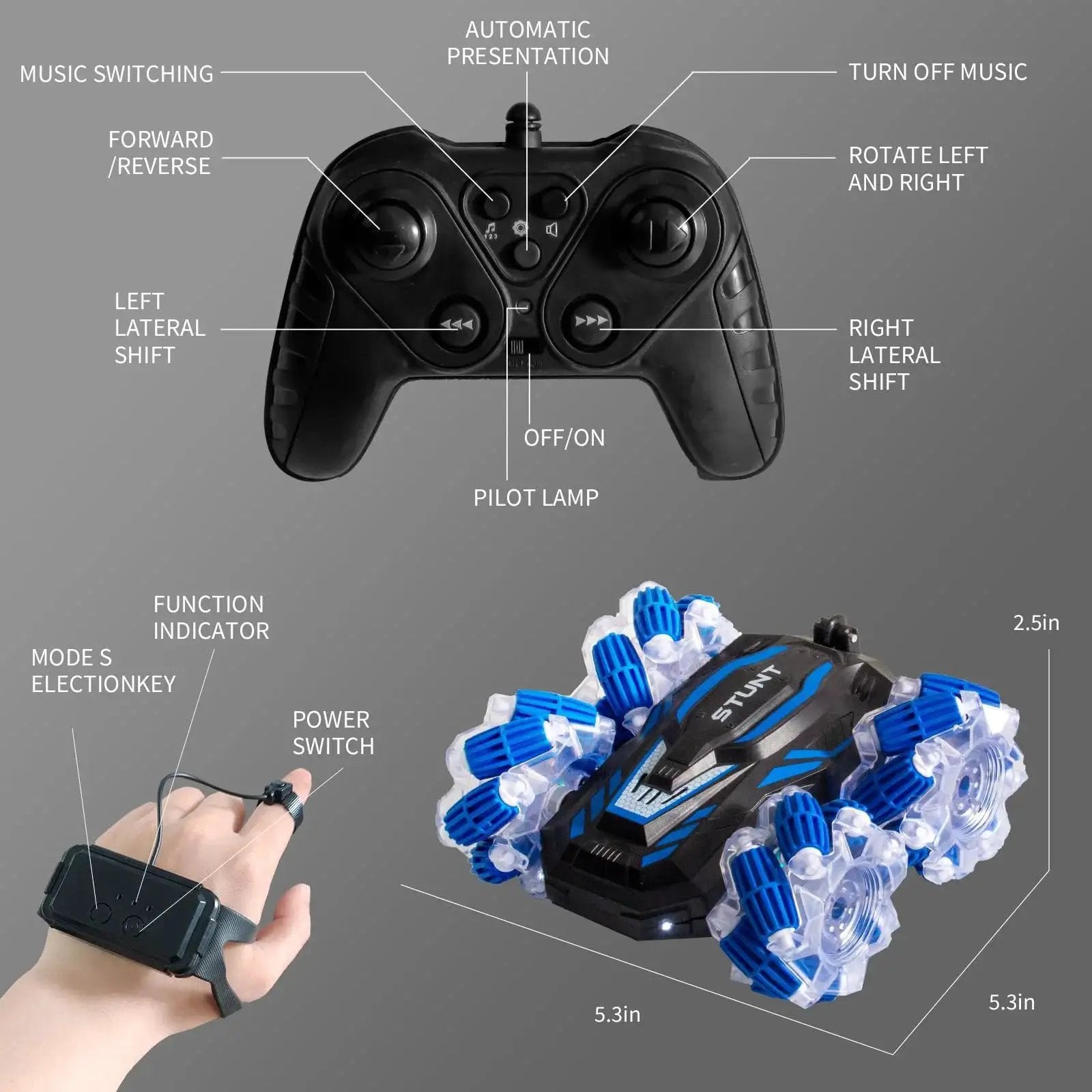 Gesture Sensing 4WD RC Stunt Car With 360 Degree Double Sided Flips Bright Lights And Music 2 4Ghz Remote And Gravity Watch Control