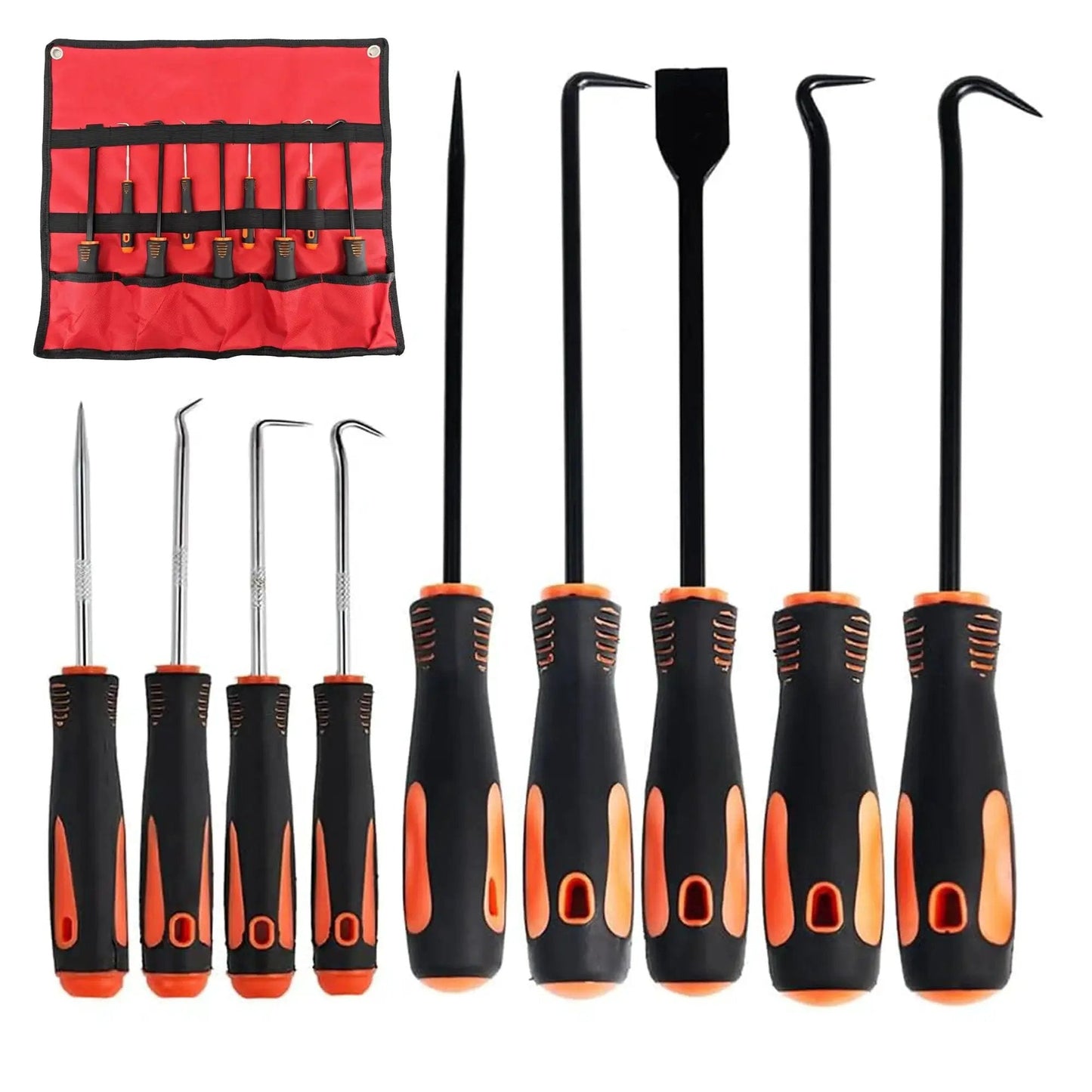 9 Piece Precision Hook And Pick Set With Scraper For Car And Home DIY Repairs, includes various hooks and picks with ergonomic grips and red storage case.