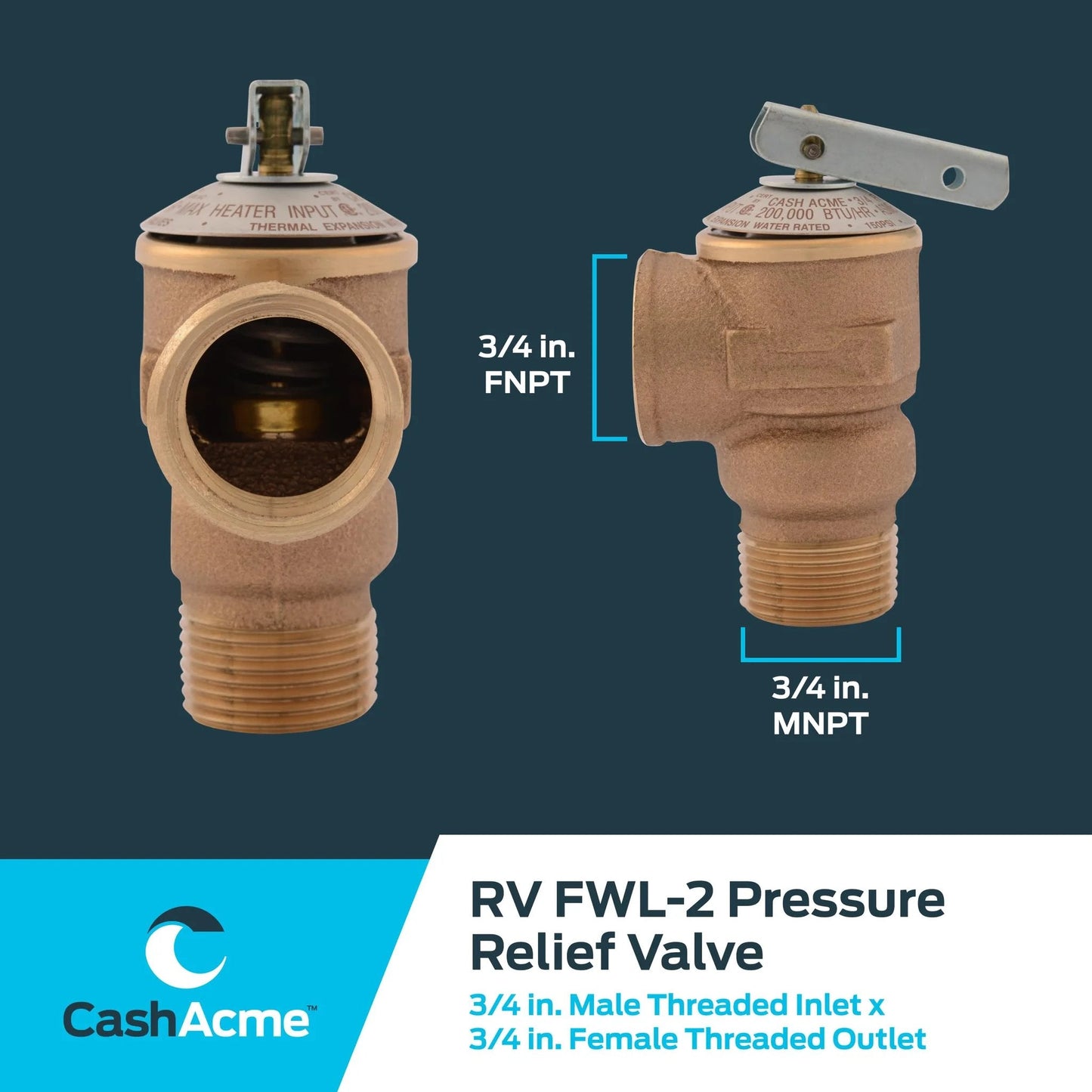 Three Quarter Inch RV Water Heater Pressure Relief Valve Bronze Body 75 PSI FWL2 With MIP Inlet And FIP Outlet, front and side view