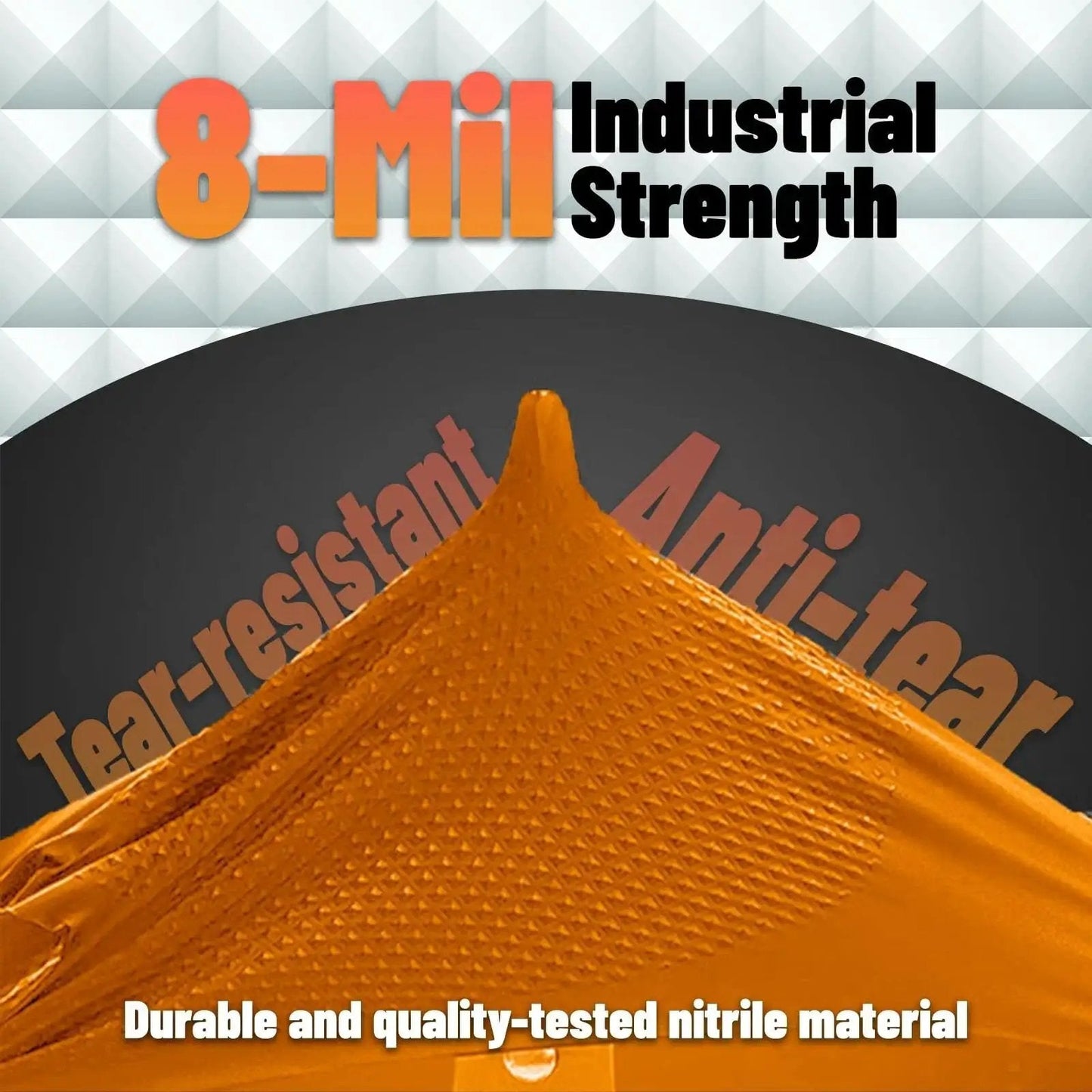 Close-up of Heavy Duty Orange Diamond Grip 8Mil Nitrile Gloves illustrating tear resistance and industrial strength.