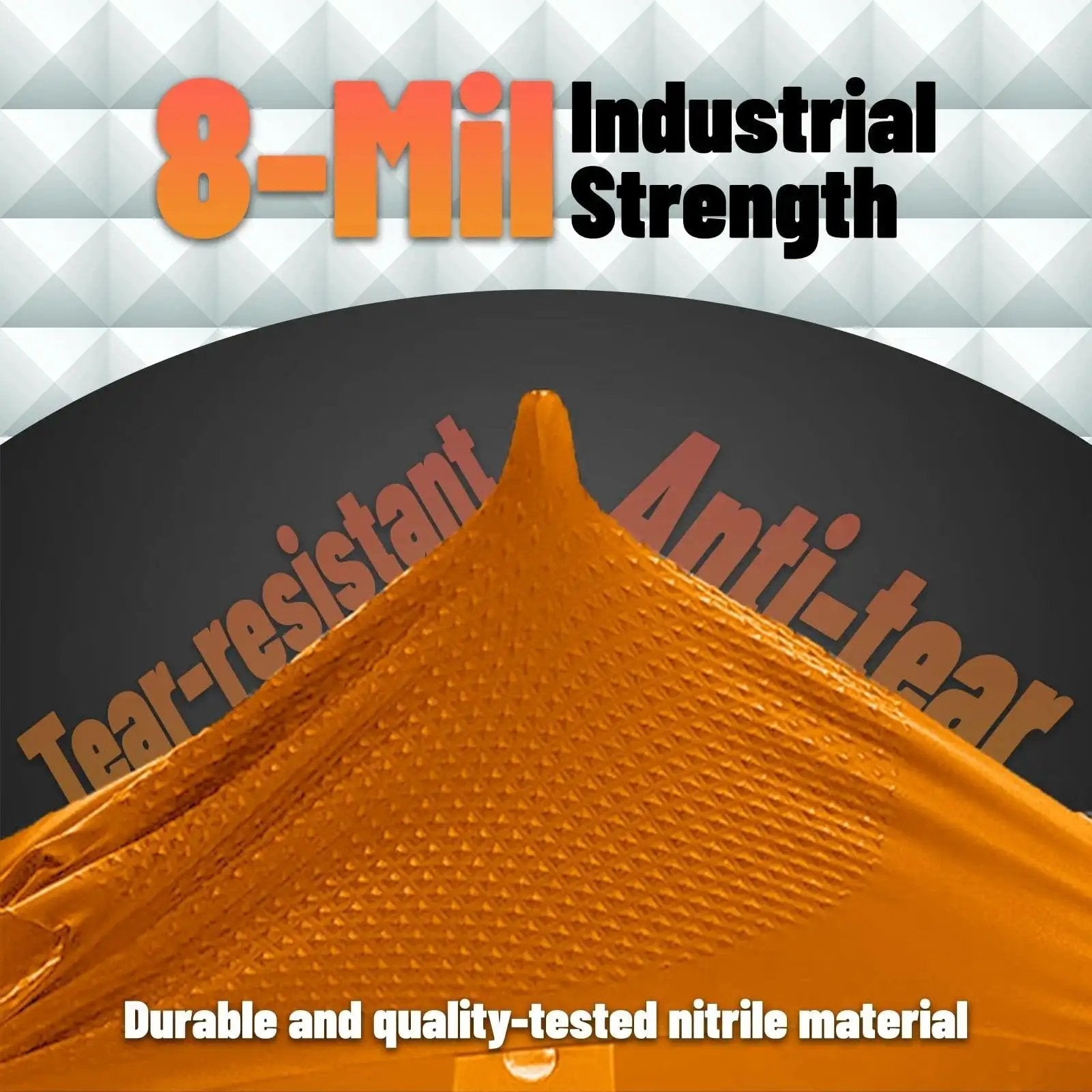 Close-up of Heavy Duty Orange Diamond Grip 8Mil Nitrile Gloves illustrating tear resistance and industrial strength.