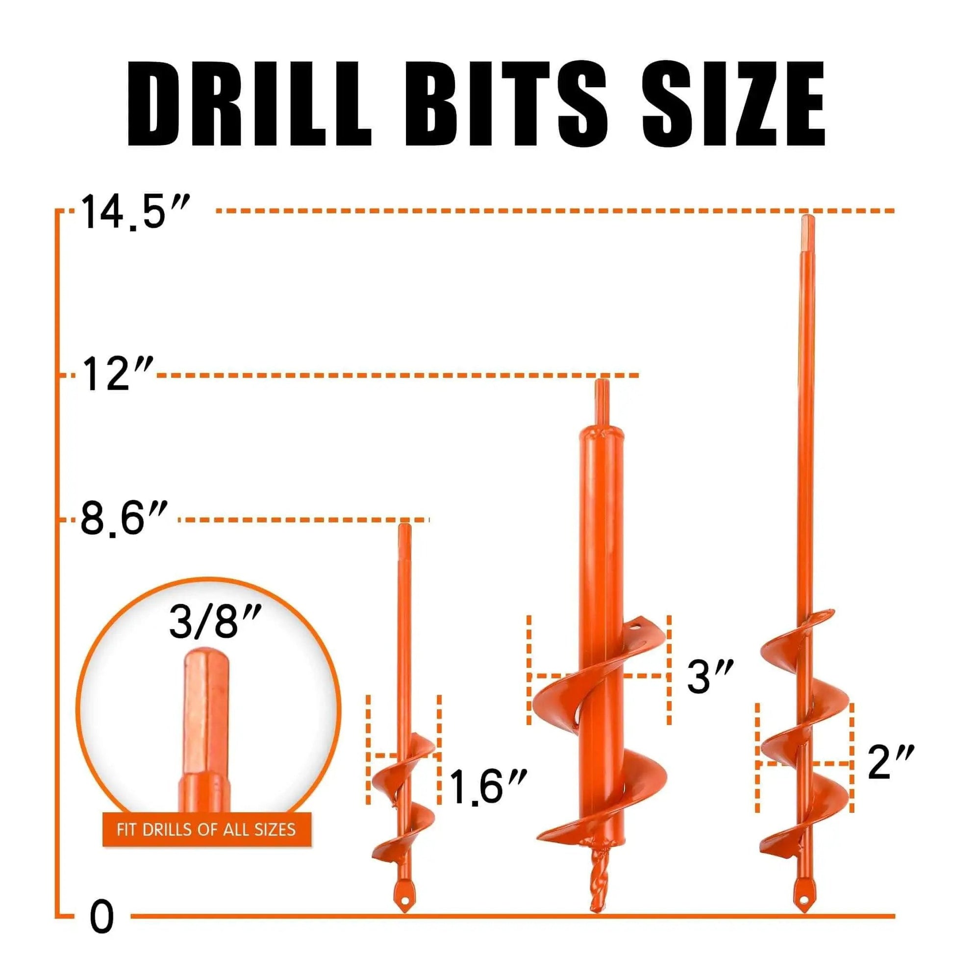 Set Of 3 Garden Auger Drill Bits For Planting In 1.6 X 8.6 In, 3 X 12 In, And 2 X 14.5 In Sizes For Three Eighth Inch Hex Drive Drills, Easy Planter For Bulbs, Bedding Plants, And Small Trees
