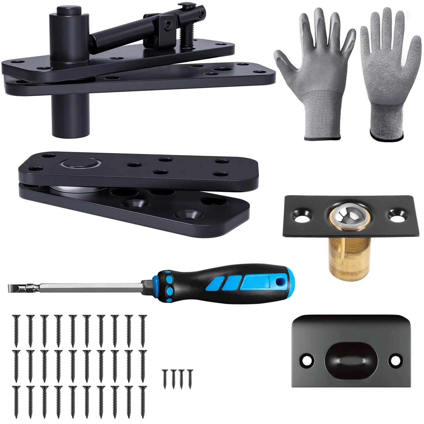 Hidden Door Hinge With Dual Bearing For Silent Operation Heavy Duty Conceal Hinge Supports Up To 573 Lbs shown with installation accessories and gloves.