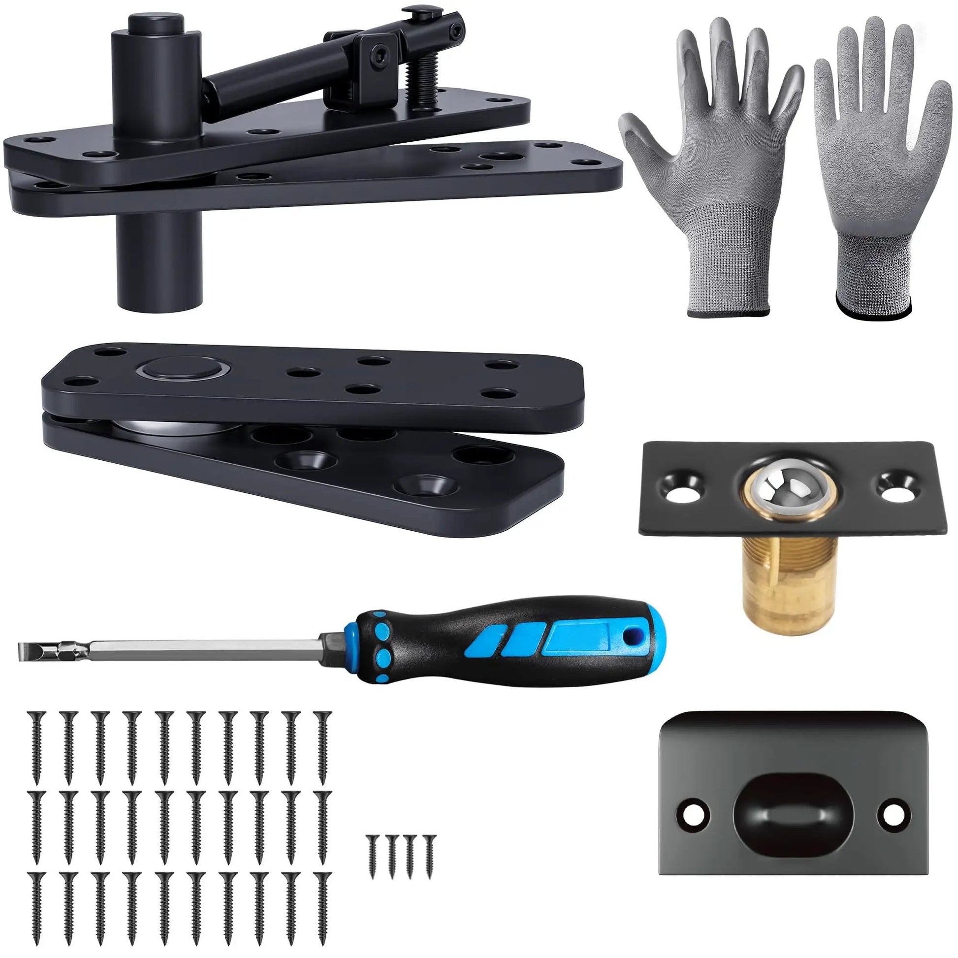 Hidden Door Hinge With Dual Bearing For Silent Operation Heavy Duty Conceal Hinge Supports Up To 573 Lbs shown with installation accessories and gloves.