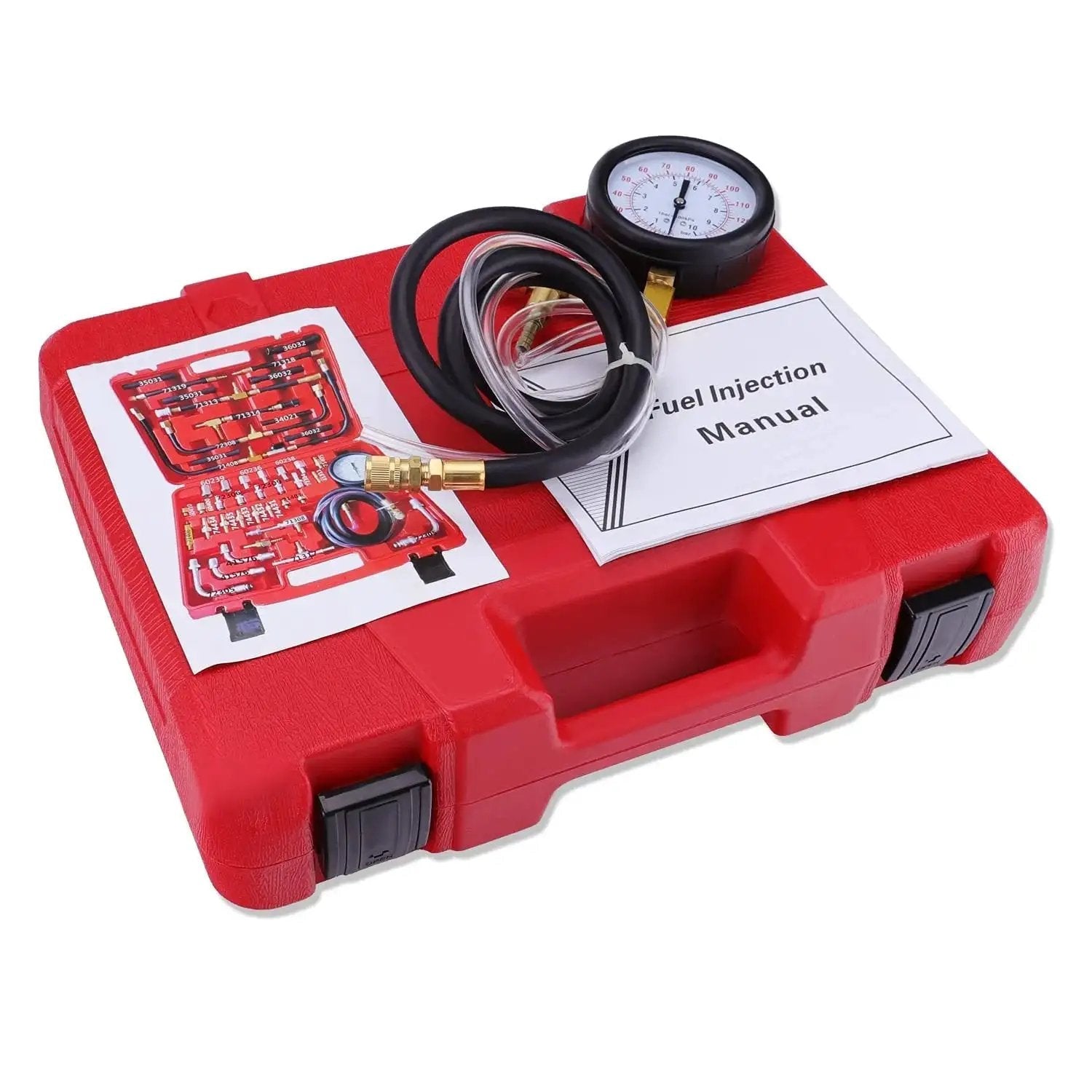 Deluxe Fuel Injection Pressure Tester Kit With Dual Dial Gauge 0 To 140 PSI in red case with manual and hoses