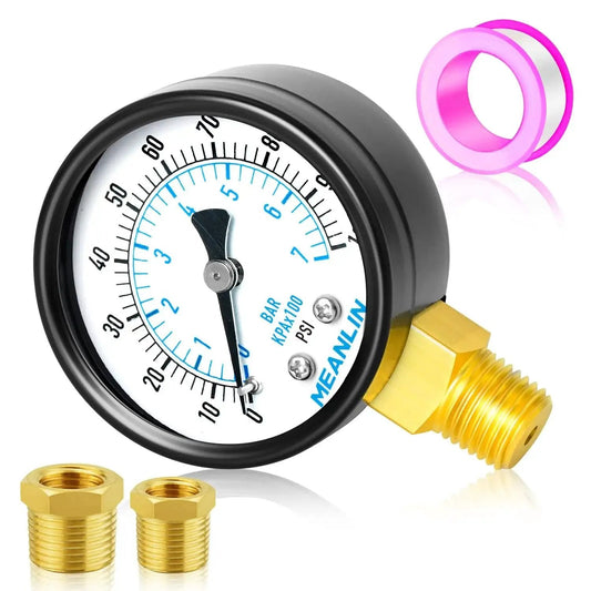 Well Pump Pressure Gauge 0 to 100 PSI, 2 Inch Dial Face, Lower Mount, One Quarter Inch NPT Port, Includes NPT Hex Bushings, Meanlin