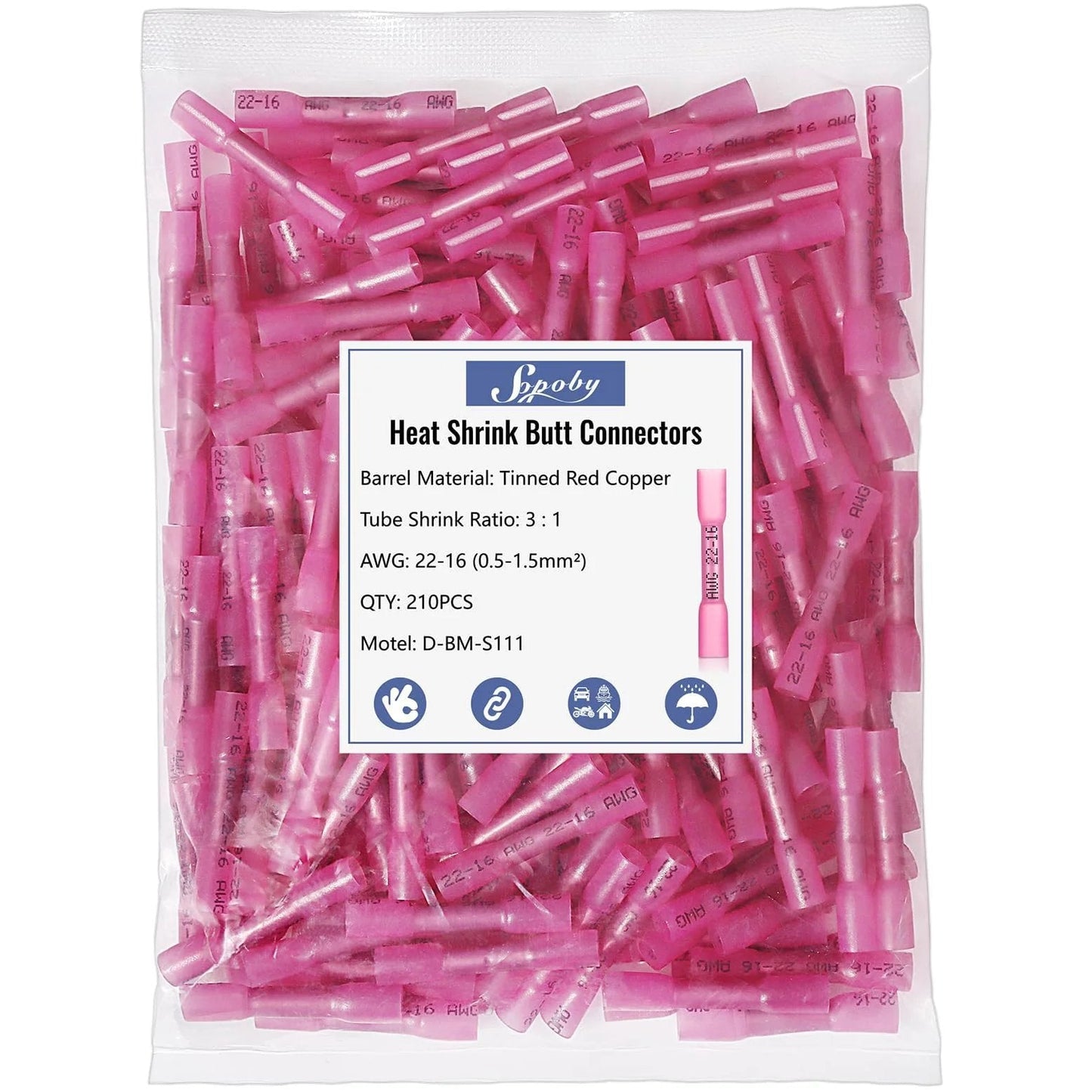 Red Heat Shrink Butt Wire Connectors Set For 22 16 AWG Waterproof Electrical Wire Terminals 210 Pcs in a clear package