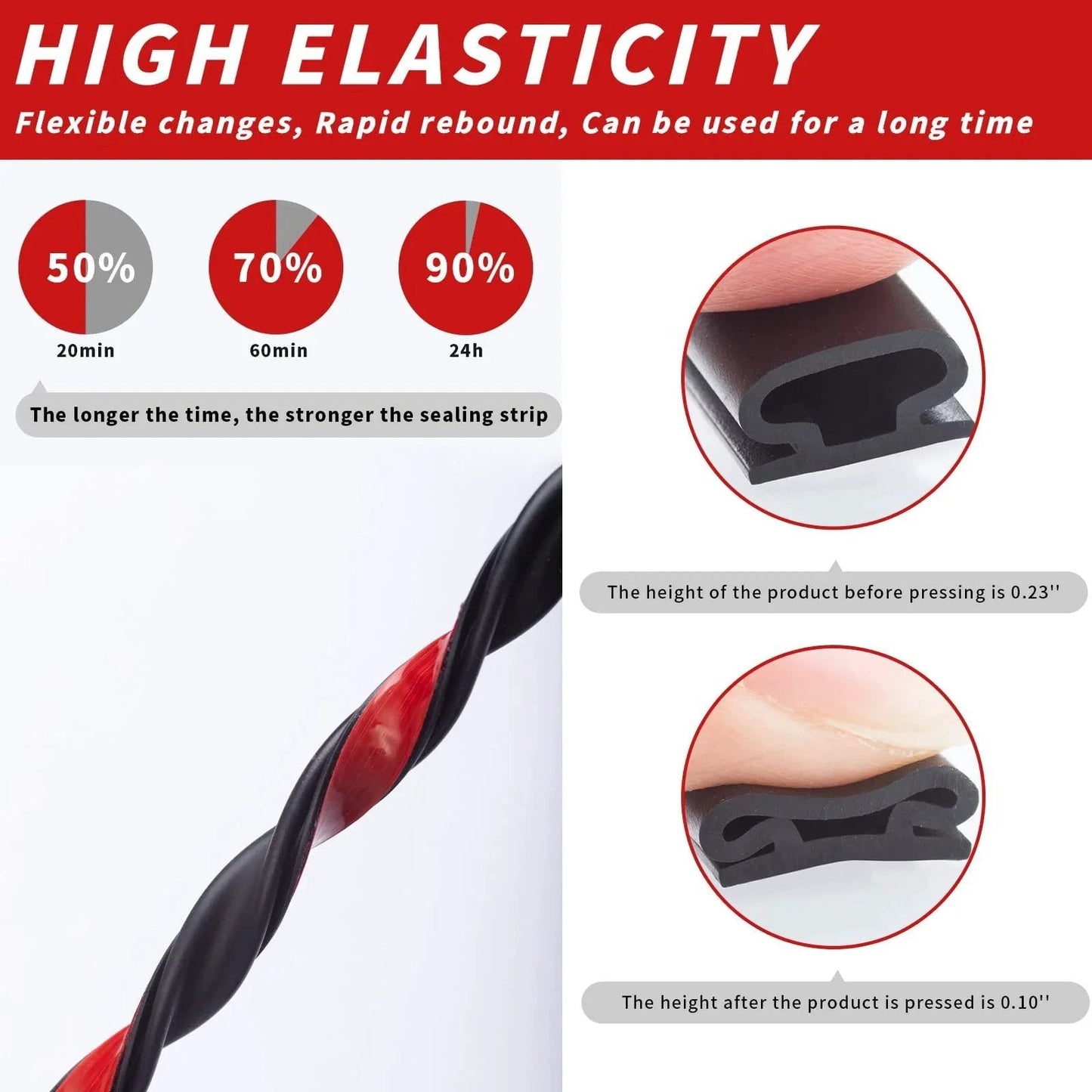 50 Feet D Shape Rubber Door Weather Stripping Seal With Self Adhesive Backing Easy Cut To Size Includes Tailor Scissors Black, close-up showing flexibility and thickness dimensions