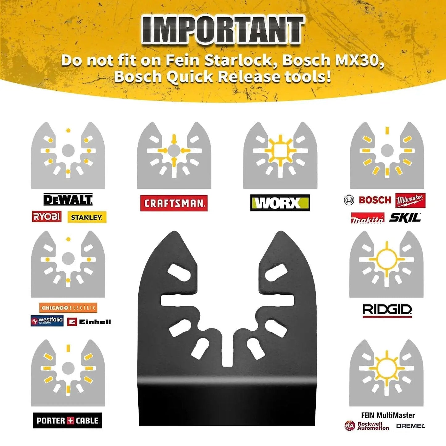 Compatibility chart showing the oscillating tool blades kit, not fitting certain Bosch and Fein models.
