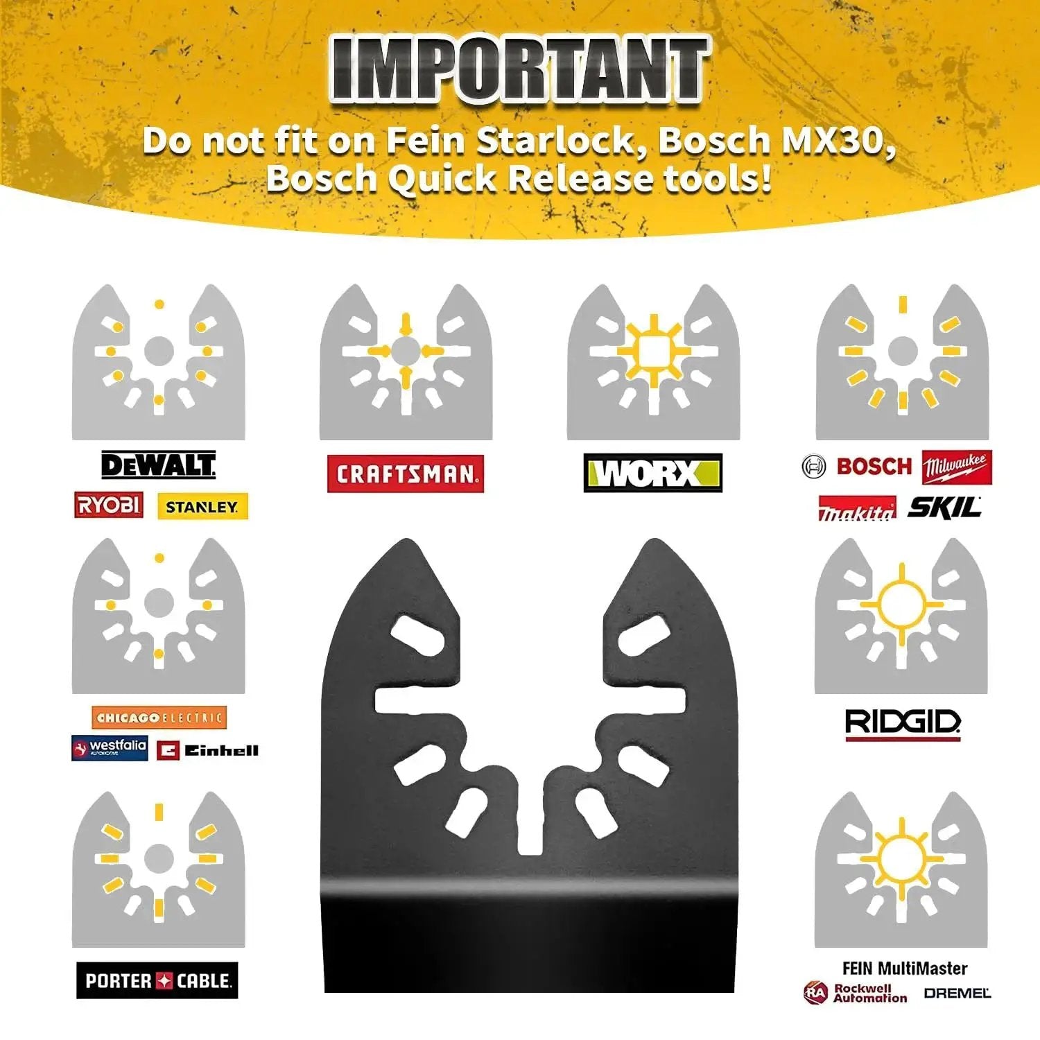 Compatibility chart showing the oscillating tool blades kit, not fitting certain Bosch and Fein models.