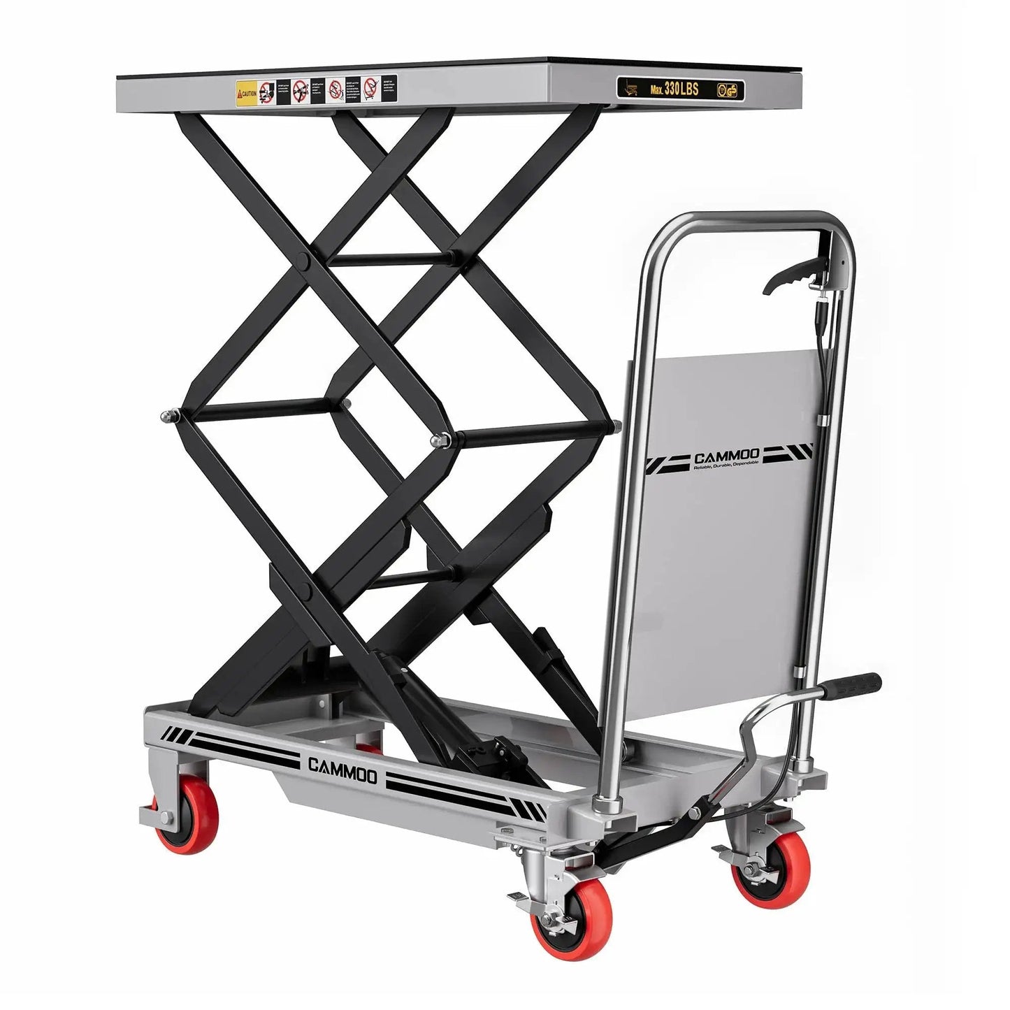 Hydraulic Lift Table Cart 330 Lbs Capacity 49.6 Inch Lift With Non Slip Pad, side view in metallic frame with red wheels.