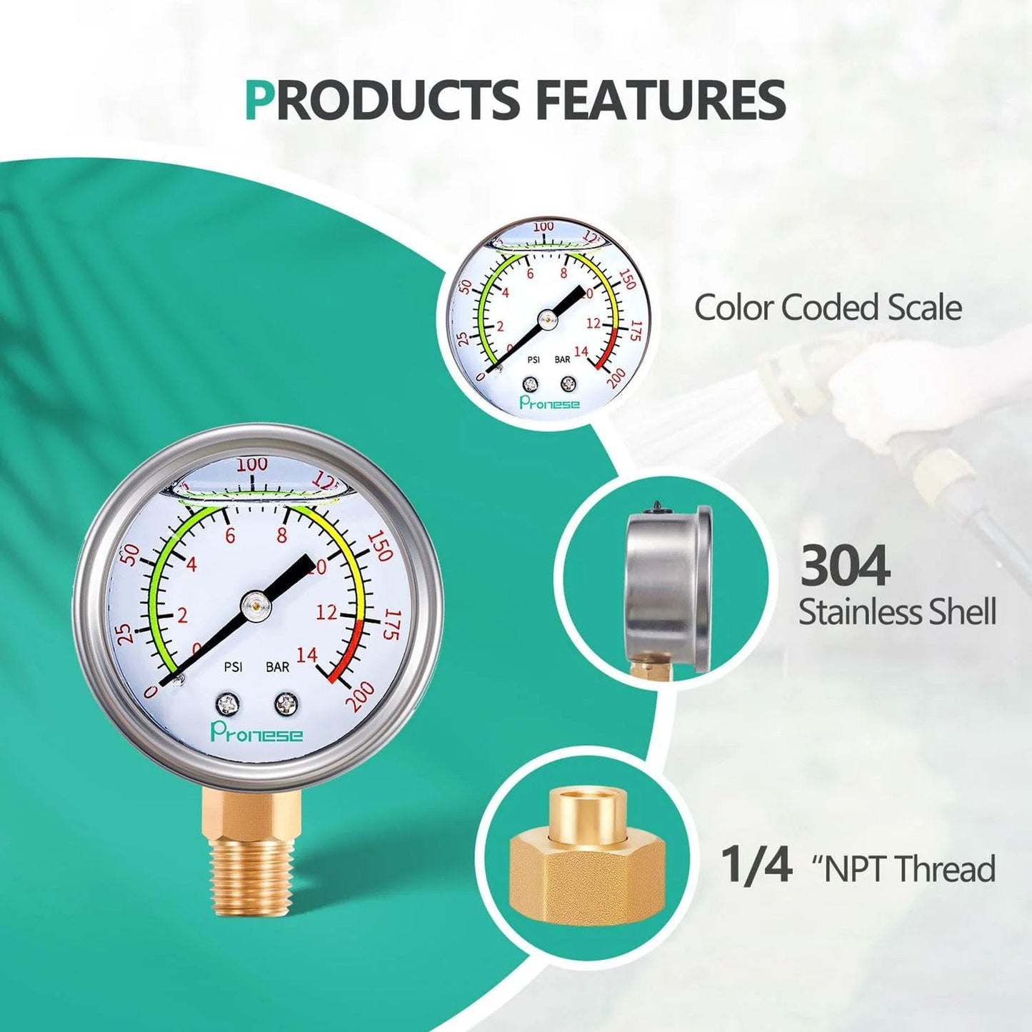 Stainless Steel Water Pressure Gauge Kit With 2 Inch Dial, Color Coded Liquid Filled Gauge For Quick Readouts, 304 shell, 1/4 NPT thread