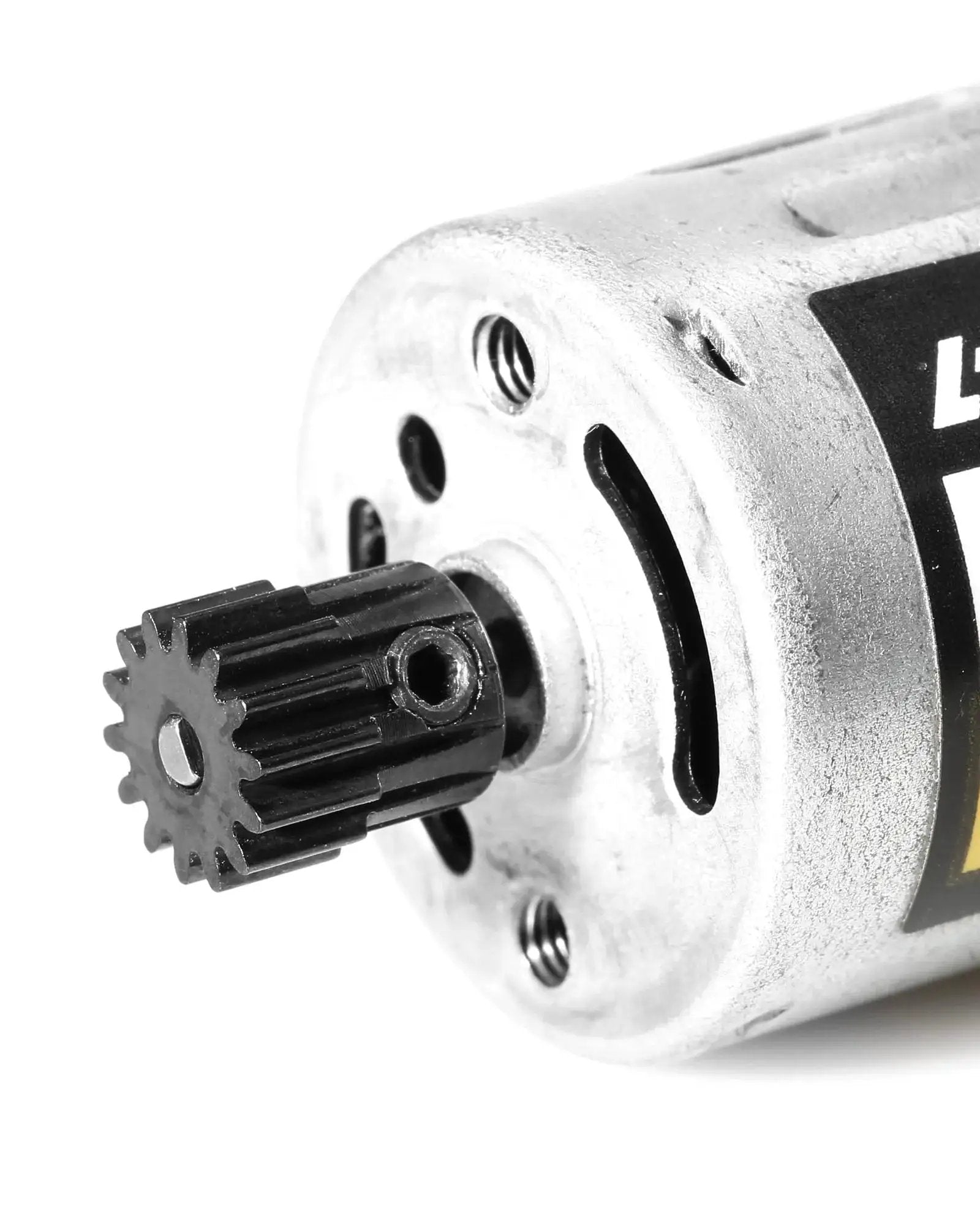 Close-up of Beefed Up Hardened 48DP 10 Tooth CNC Steel Pinion Gear with 2.0mm Bore mounted on RC motor for 1/18 scale cars.