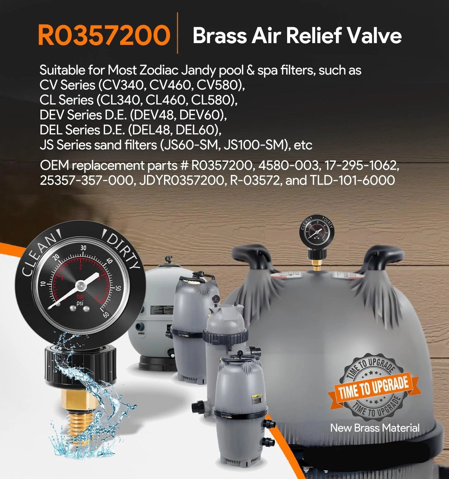 Upgrade R0357200 Brass Air Release Valve With Pressure Gauge Replacement For Zodiac Jandy Pool And Spa Filters Compatible With CV And CL Series DEV And DEL Series JS Series Durable Brass Build With Easy Install For Long Lasting Pool And Spa Use