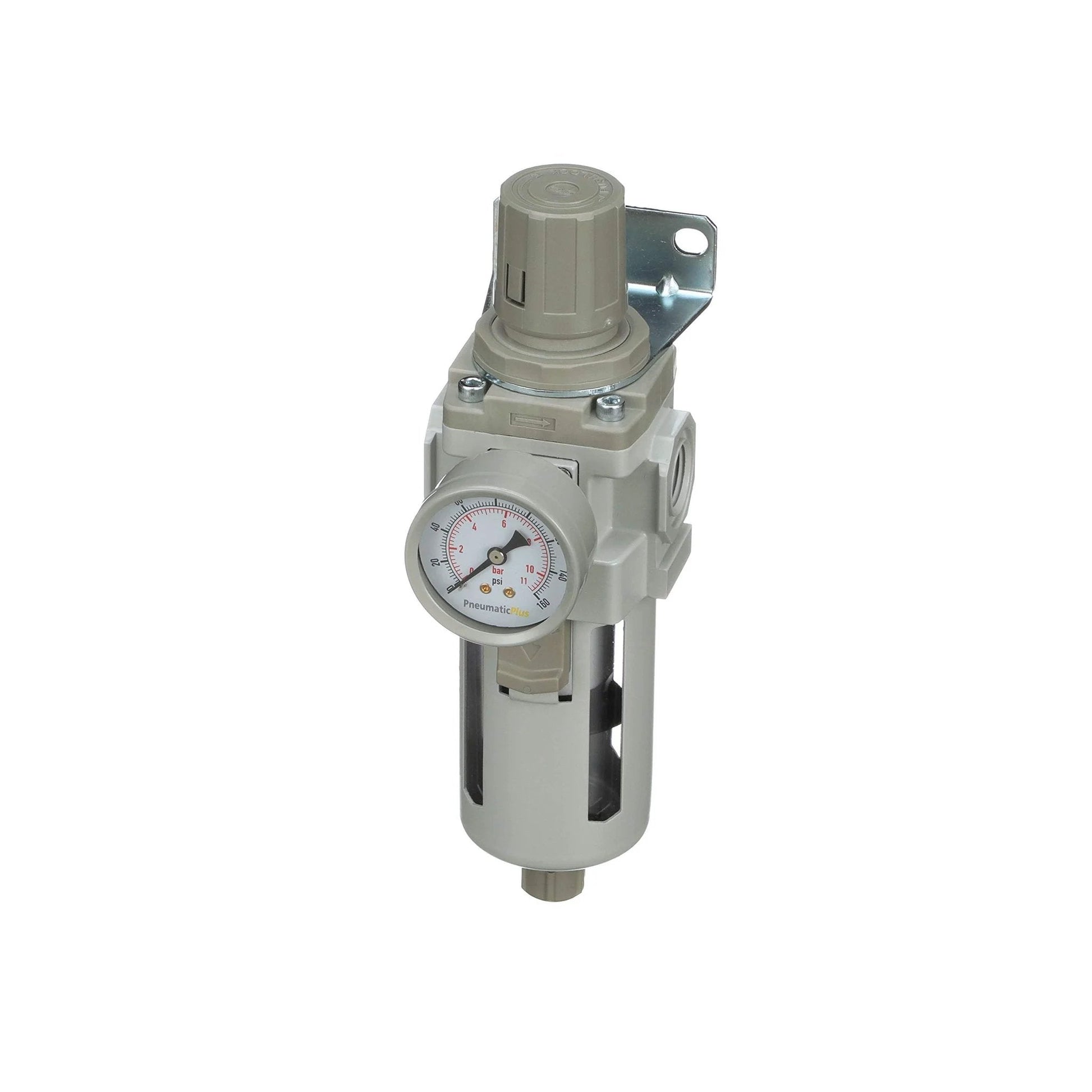 All In One One Half NPT Compressed Air Filter Regulator Piggyback Combo With Manual Drain Poly Bowl Bracket And Gauge