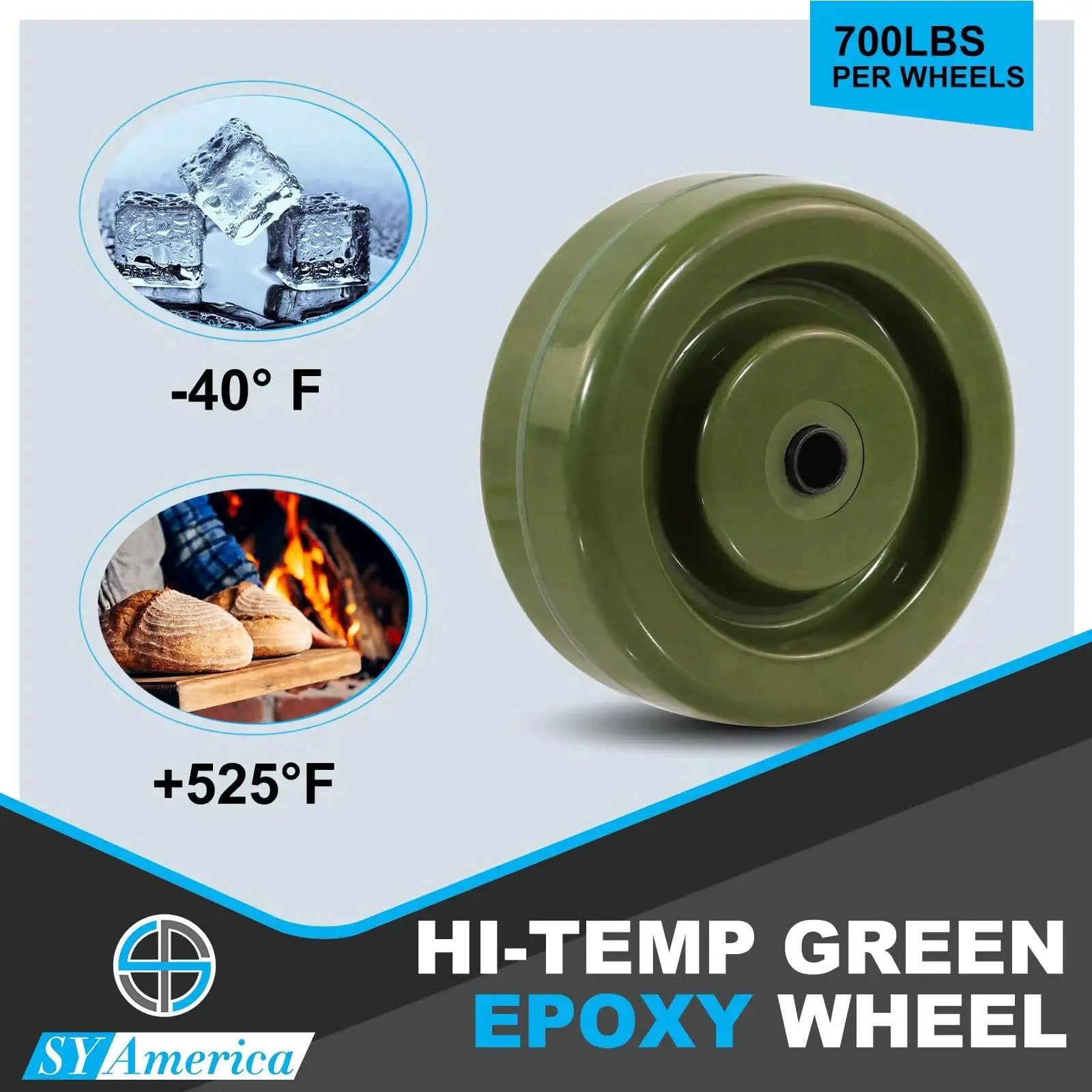 4 Inch By 1.5 Inch High Temp Green Epoxy Caster Wheels Set Of 4 For Industrial Bakery And Oven Racks With 3/8 Inch Bore Bearings And 2800 Lbs Capacity, Shock Resistant And Chemical Resistant