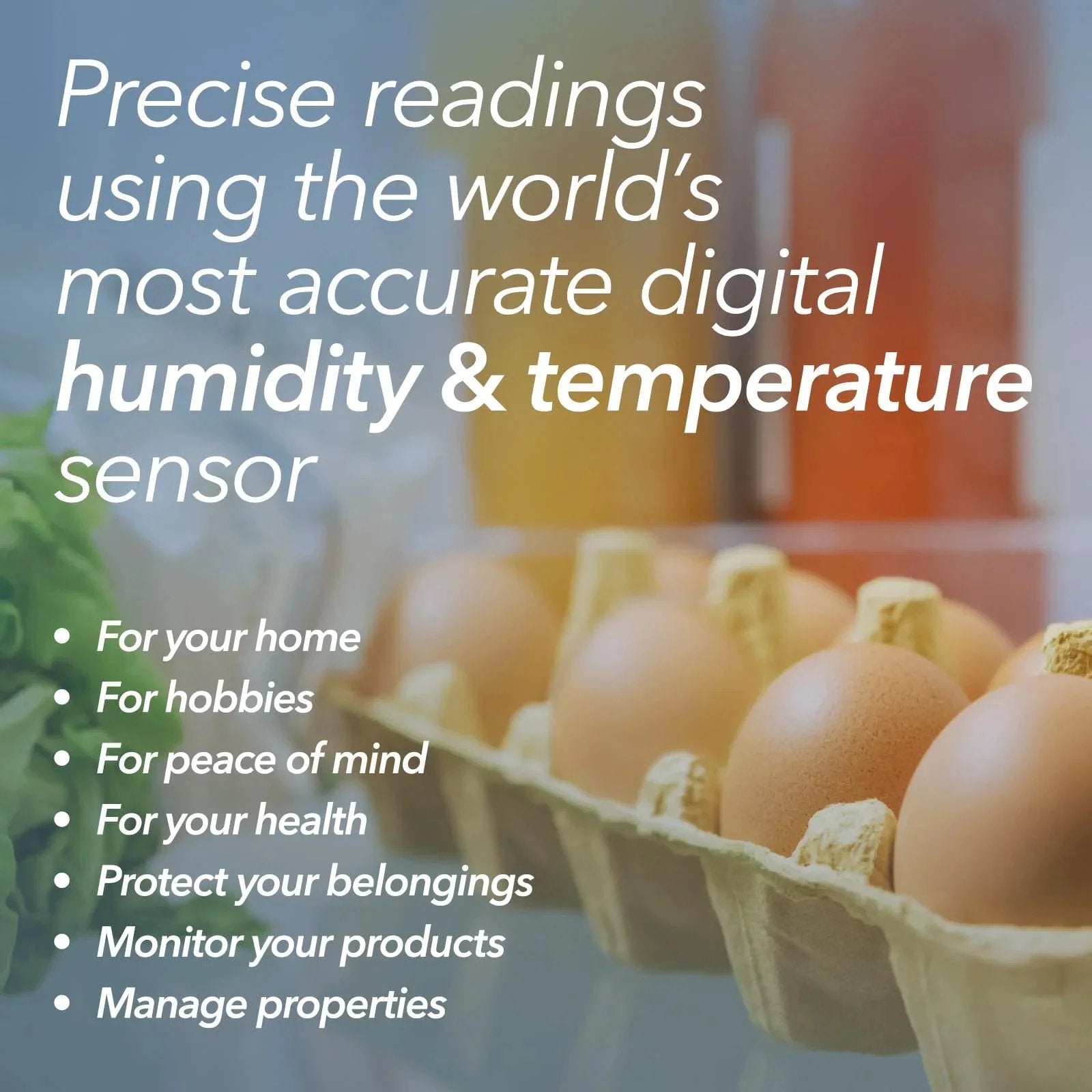 Smart Temperature And Humidity Sensor With App Monitoring From SensorPush HT1 Thermometer Hygrometer For Indoor And Outdoor Use Including Heat Index For RV Fridge And More with wording about precision and uses.