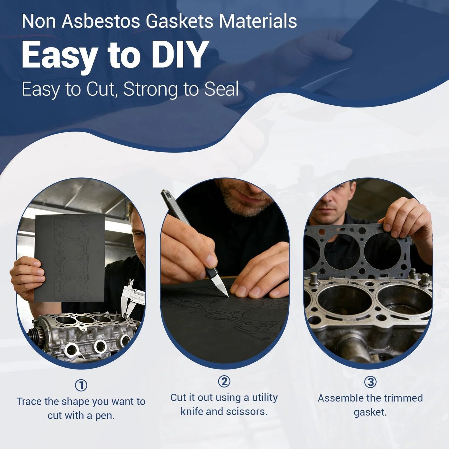 Steps showing Non Asbestos Gasket Material Set For DIY Projects 4 Pack 14 By 11 Inch High Temperature Oil Resistant Sealing Sheet used in engine sealing process.
