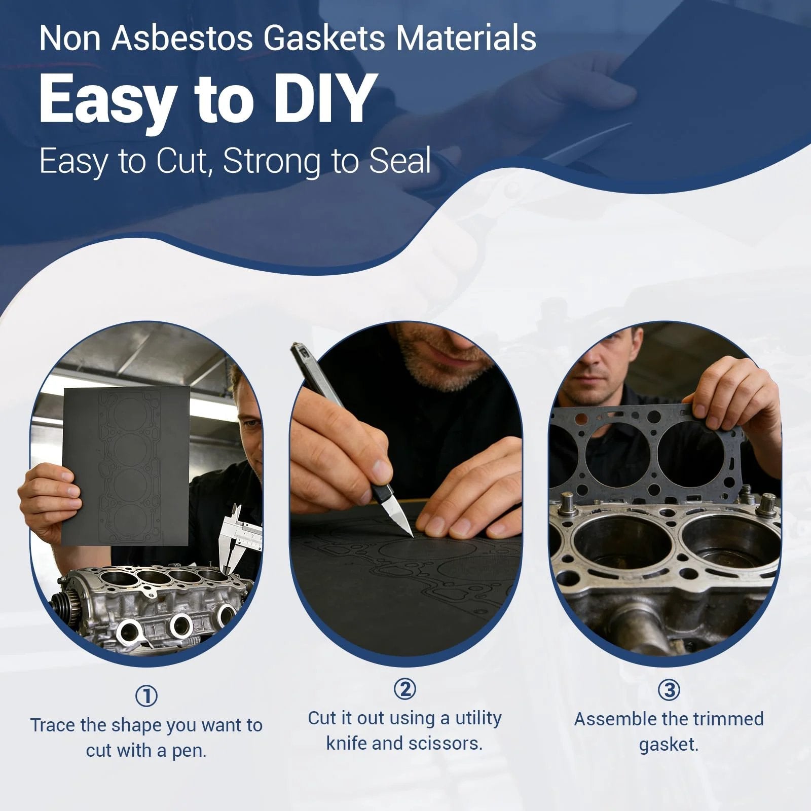Steps showing Non Asbestos Gasket Material Set For DIY Projects 4 Pack 14 By 11 Inch High Temperature Oil Resistant Sealing Sheet used in engine sealing process.