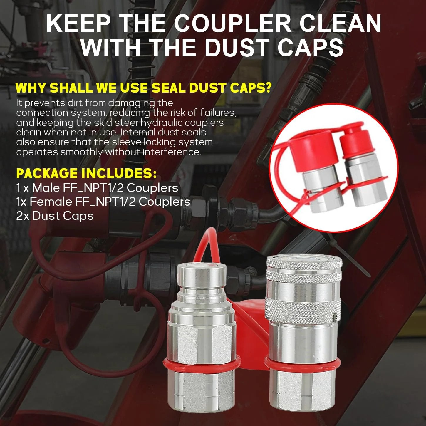 Universal Half Inch NPT Flat Face Hydraulic Quick Connect Couplers Fittings Dry Break for Bobcat Skid Steer ISO 16028 with dust caps
