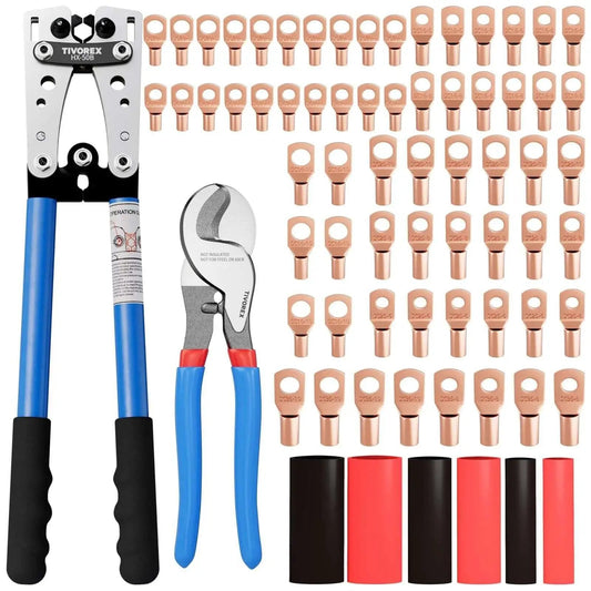 No Fuss Battery Lug Crimping Tool For AWG 10 To 1 0 Wire With Built In Cable Cutter Plus 64 Ring Terminals And 70 Heat Shrink Tubes Kit By Tivorex Ready For Any Jobsite set with tools and components.