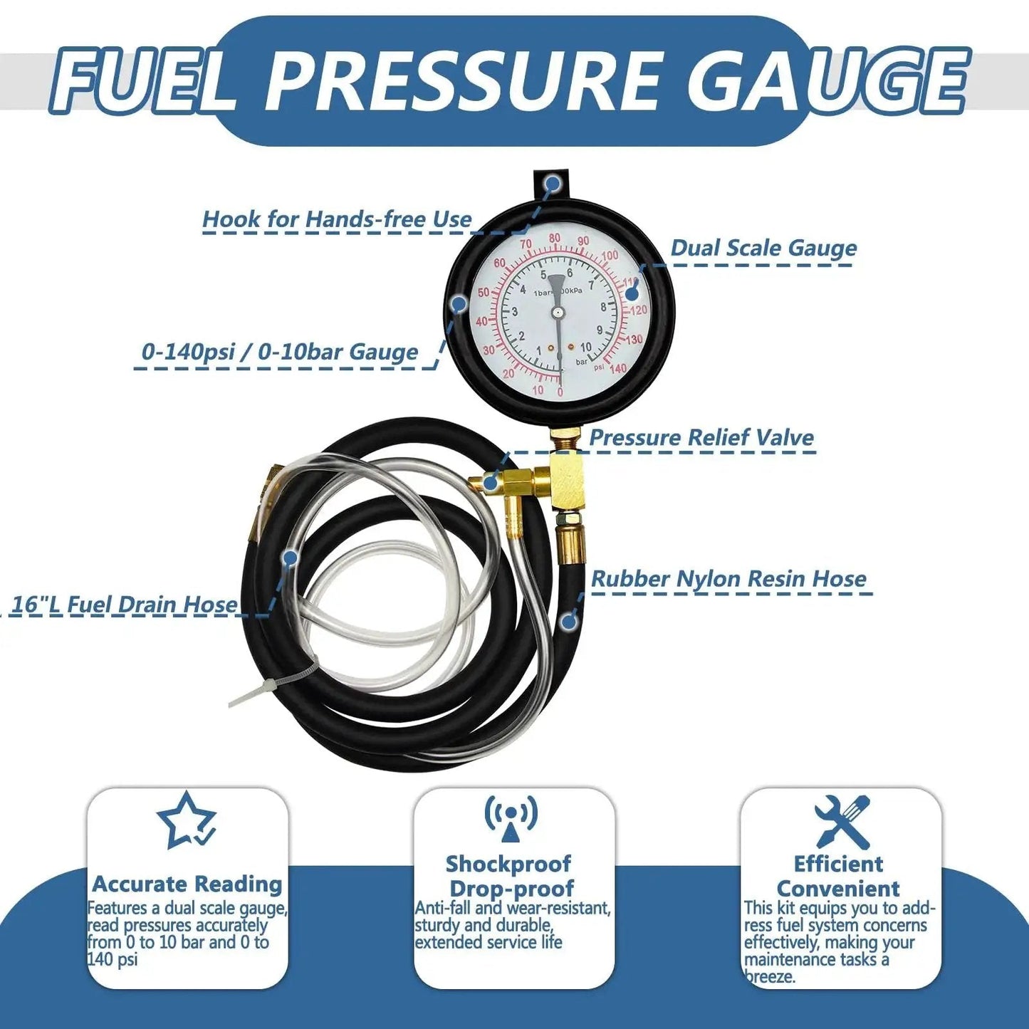 Fuel Injection Pressure Tester Kit With Gauge 0 To 140 PSI And Fittings, showing dual scale gauge and hose