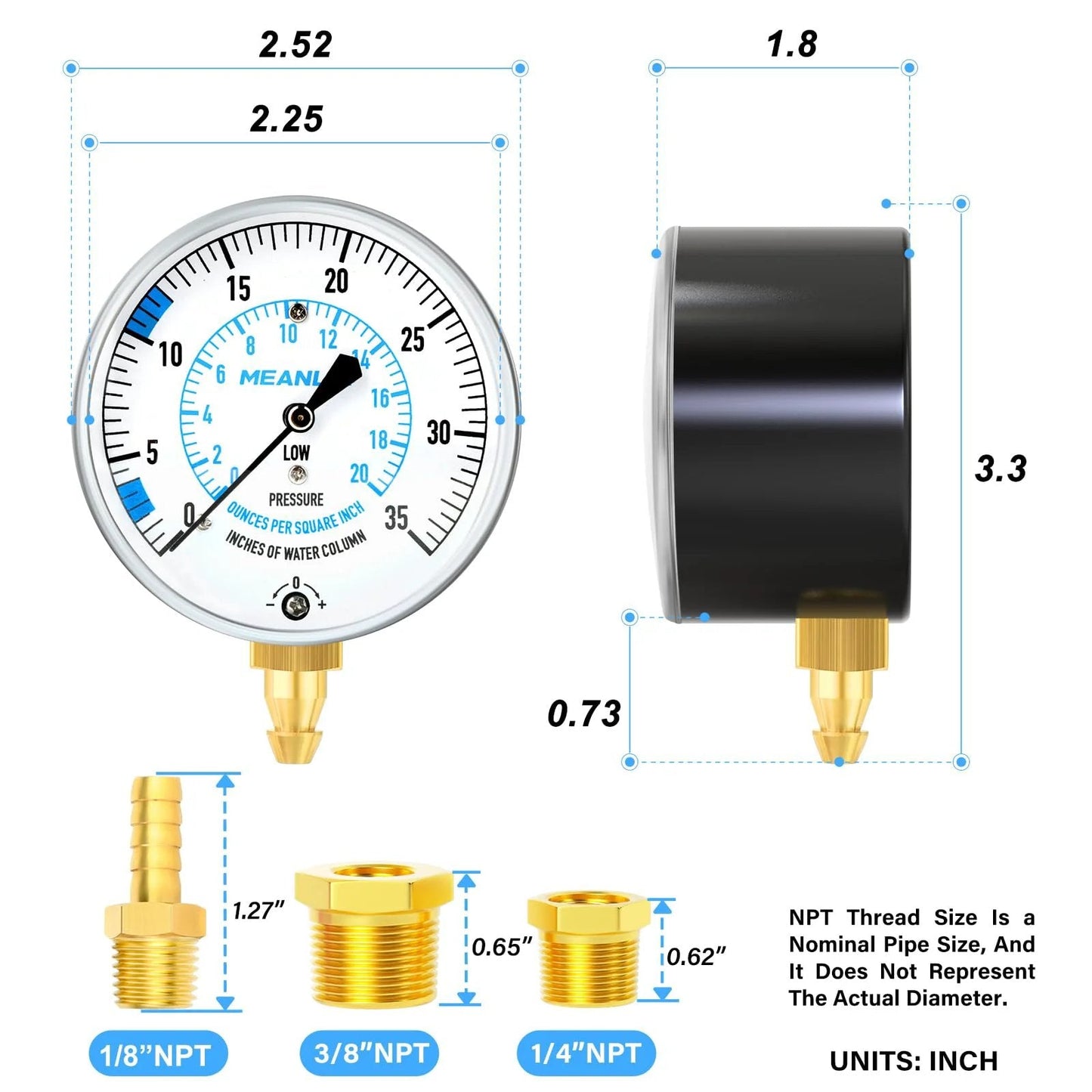 Gas Pressure Test Kit For Natural Gas And LP Gas With 40 Inch Hose Zero To Thirty Five In WC Range One Eighth Inch NPT Fitting With Barbed Connection And Hex Bushing Two And One Quarter Inch Dial Gauge Easy Quick Connect By Meanlin, front and side view showing dial and fittings.