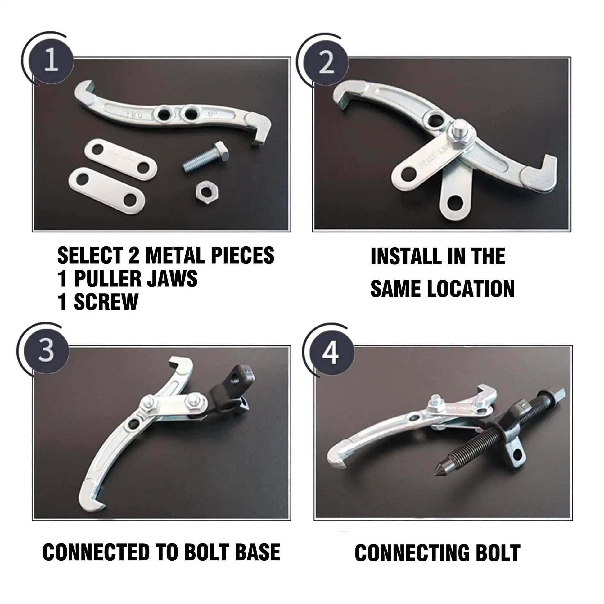 Assembly instructions for Three Jaw Gear Puller Tool Set with reversible jaws for bearing and pulley removal steps.