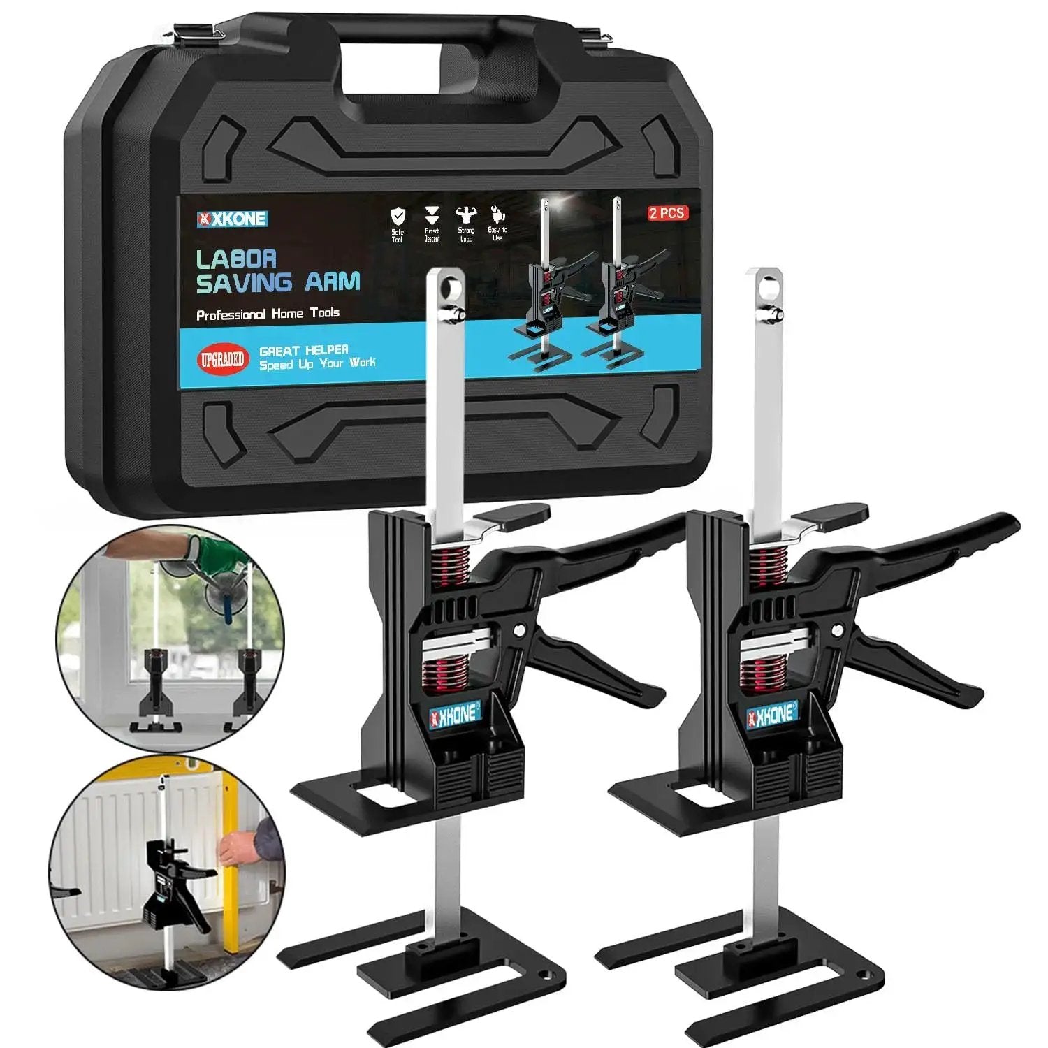 Labor Saving Arm Jack Set 2 Pack For Lifting Doors Cabinets Tables With Case shown with tools and carrying case
