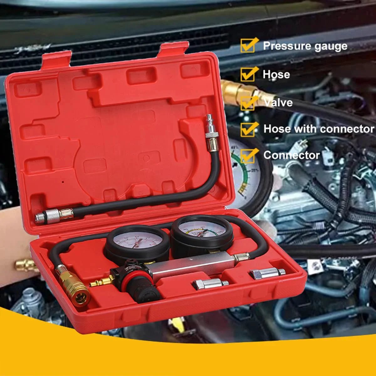 Cylinder Leak Down Tester Kit For Cars, Trucks And Motorcycles With Dual Gauge TU-21 in a red carrying case on engine
