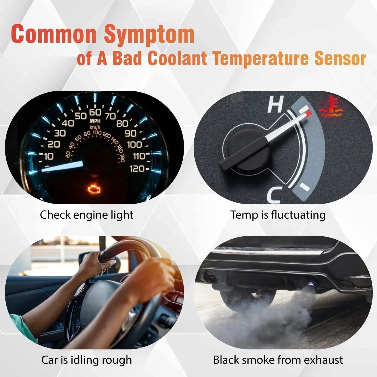 Infographic showing symptoms of a bad Coolant Temperature Sensor OEM Grade Replacement Compatible With Chevrolet vehicles