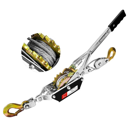 2 Ton 4480 Lbs Come Along Winch With 7 Foot Steel Cable Dual Gear Ratchet Power Puller featuring dual hooks and close-up of steel cable