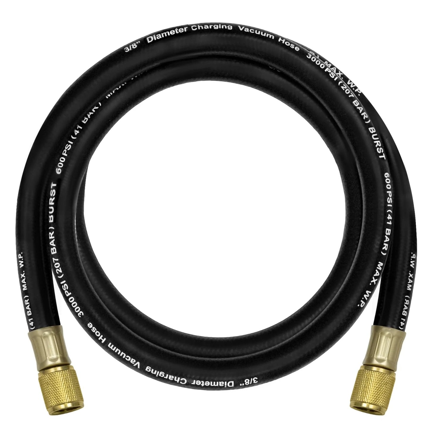 Upgraded 15660 Three Eighths Inch Heavy Duty Vacuum Hose For HVAC Systems Five Feet Long Includes Three Eighths Inch Fittings 600 PSI Working Pressure 3000 PSI Burst Compatible With Most Refrigeration And Air Conditioning Equipment.