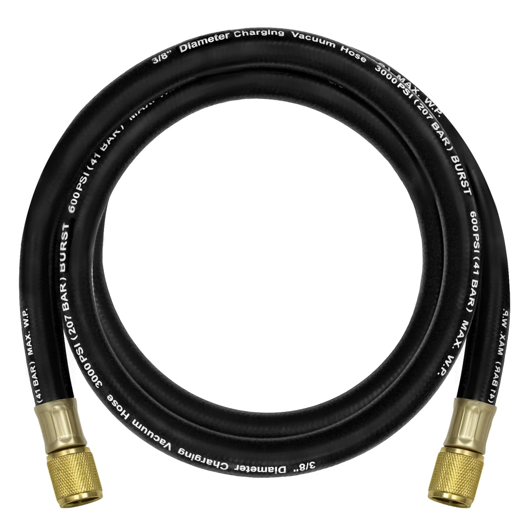 Upgraded 15660 Three Eighths Inch Heavy Duty Vacuum Hose For HVAC Systems Five Feet Long Includes Three Eighths Inch Fittings 600 PSI Working Pressure 3000 PSI Burst Compatible With Most Refrigeration And Air Conditioning Equipment.