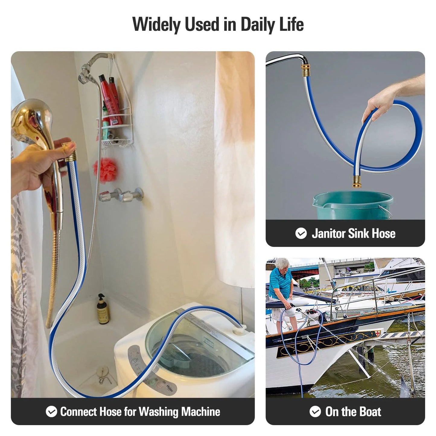 Heavy Duty Short Garden Hose 3/4 Inch By 3 Foot Workhorse Water Pipe For Commercial Use shown in various residential settings and boats.
