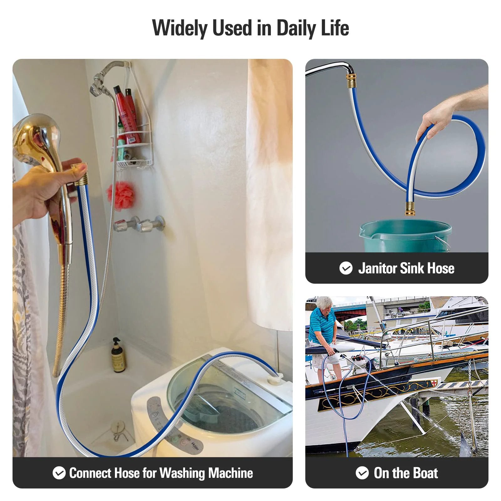 Heavy Duty Short Garden Hose 3/4 Inch By 3 Foot Workhorse Water Pipe For Commercial Use shown in various residential settings and boats.