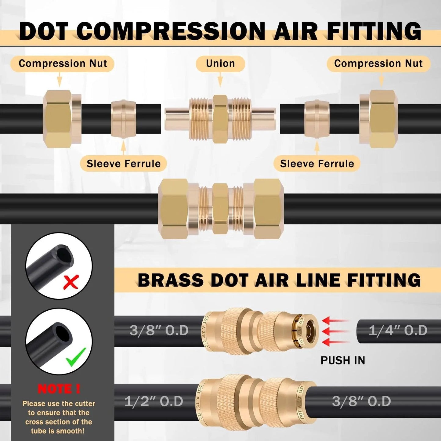 Durable DOT Air Line Kit With Brass Push Lock Fittings And Tubing One Hundred Pieces Pack Includes Fifty Feet Each Of One Half