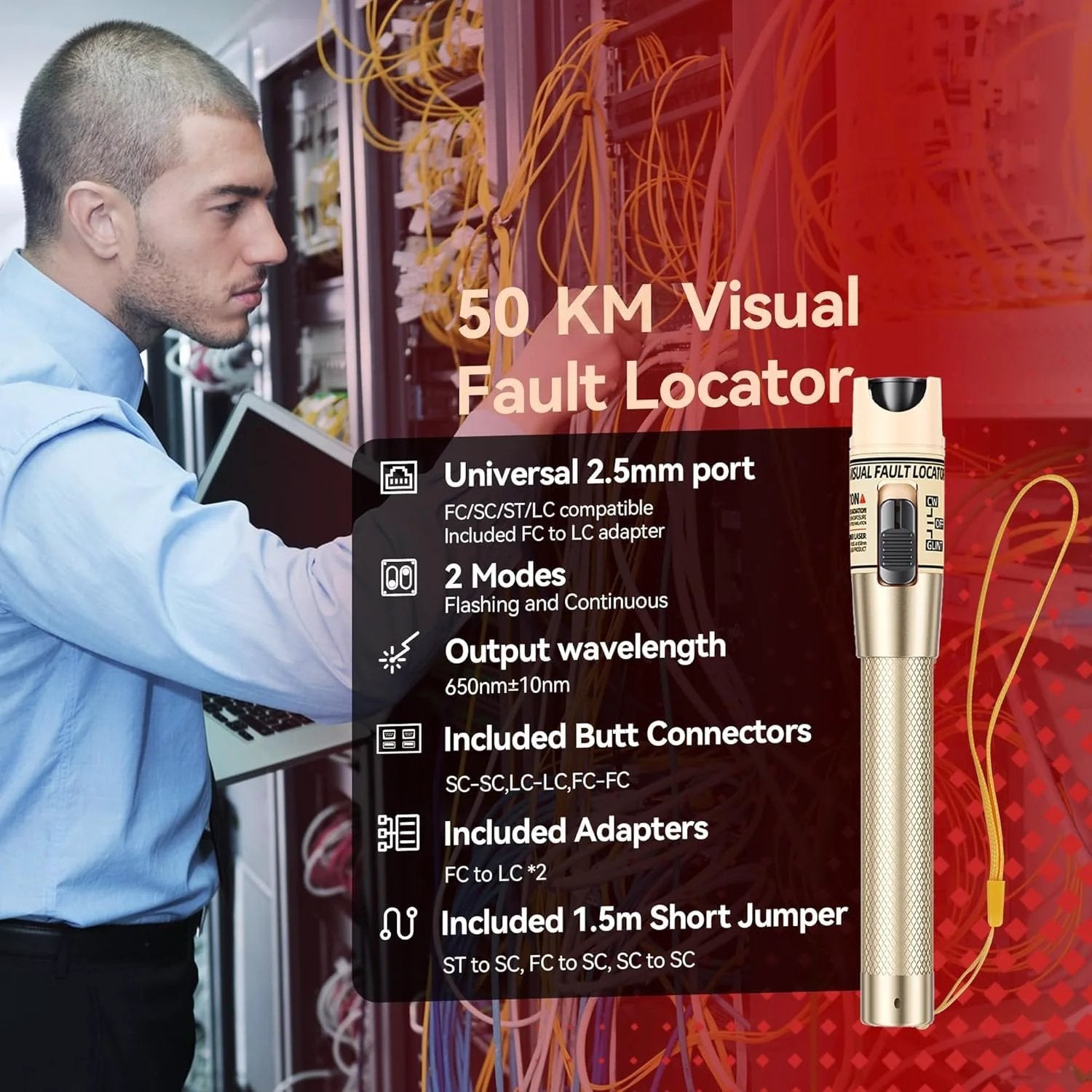 Fiber Optic Visual Fault Locator Kit Up To 50 Kilometer Range Red Light Pen For Quick Fault Detection 650 Nm Laser Two Point Five Millimeter Universal Connector Works With ST SC FC Adapters LC SC FC Coupler And Three One Point Five Meter Patch Cords displayed beside technician in server room.
