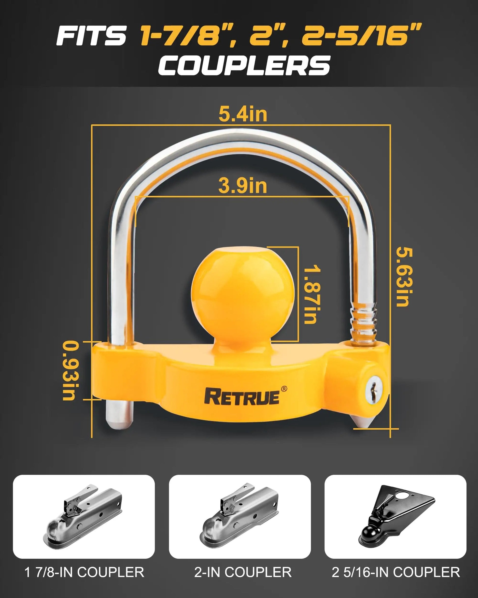 Heavy Duty Universal Trailer Coupler Lock Fits 1-7/8 Inch 2 Inch and 2-5/16 Inch Hitches Yellow Finish Includes 2 Keys Theft Deterrent and Easy Lock Up, close-up view with measurements.