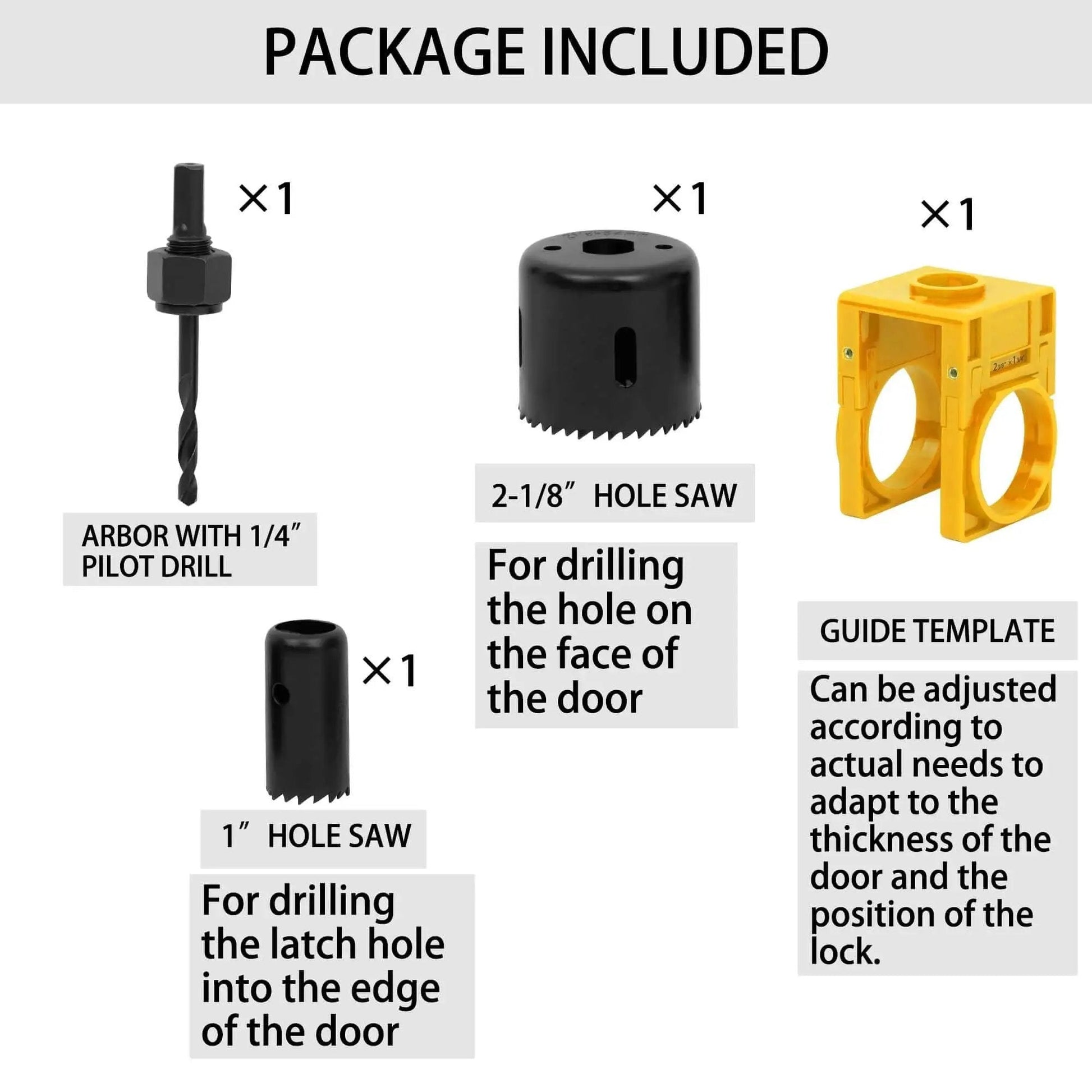 Door Lock Installation Kit For Deadbolt And Door Knob Holes With Adjustable Plastic Guide Template And Two Hole Saws Two And One Eighth Inch And One Inch Must Have For DIYers RKK components including arbor, hole saws, and guide template