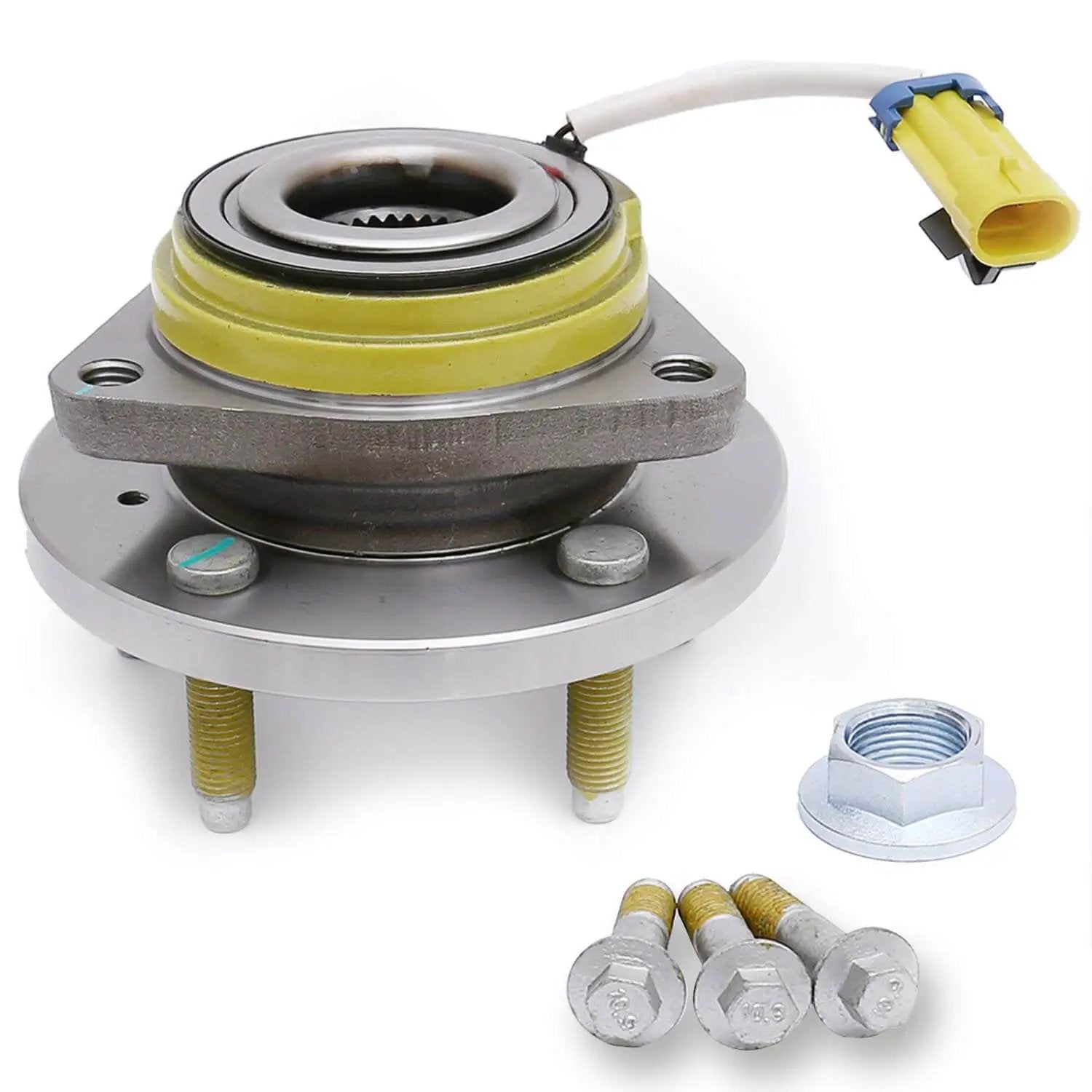Front Wheel Hub Bearing Assembly Single Unit 513121, 5-Lug with ABS, includes nut and bolts, close-up view