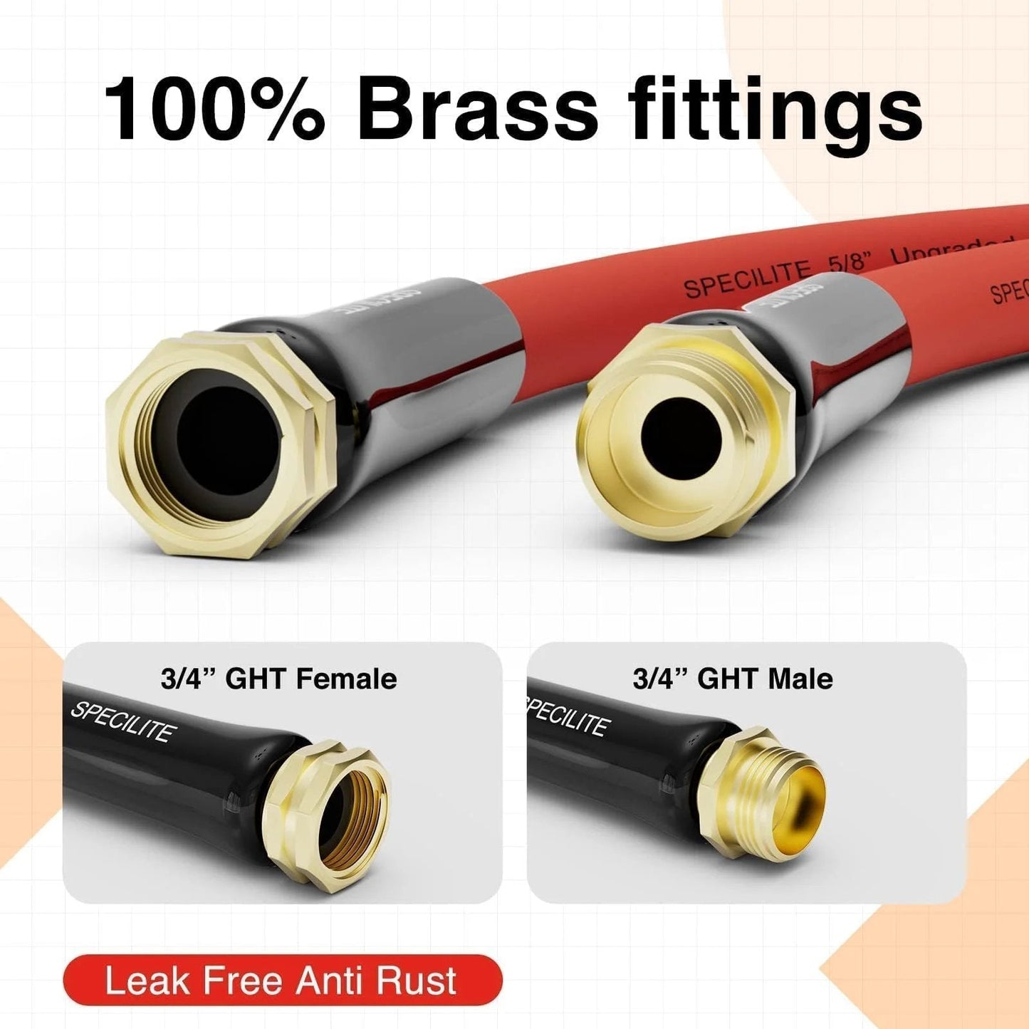Close-up of Hot And Cold Rubber Garden Hose Five Eighth Inch Fifty Foot Long With Brass Fittings showing 100% brass connectors.