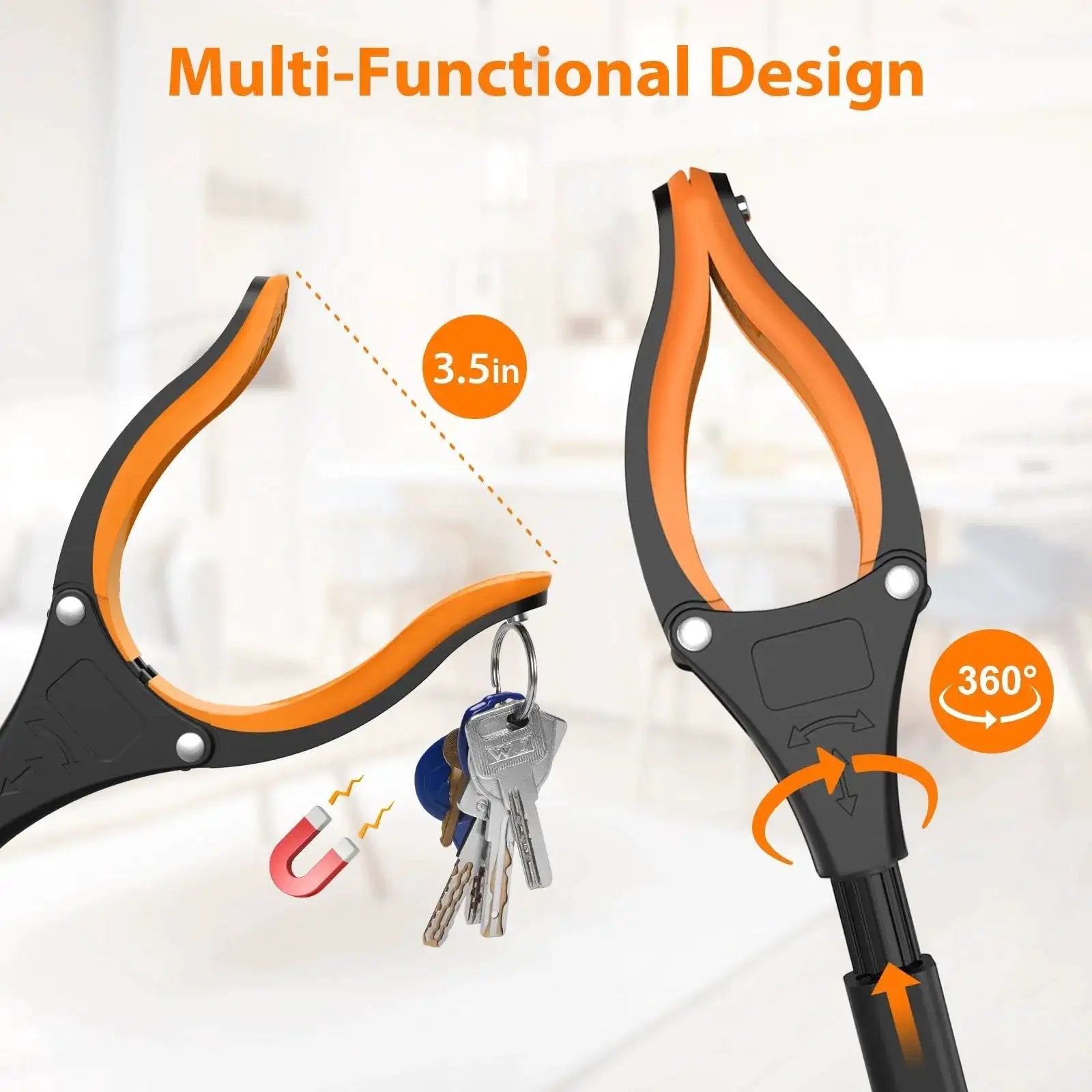 32 Inch Foldable Grabber Reacher Tool 2 Pack With 360 Degree Rotating Jaw And Magnet, showing 3.5-inch jaw with key grabber