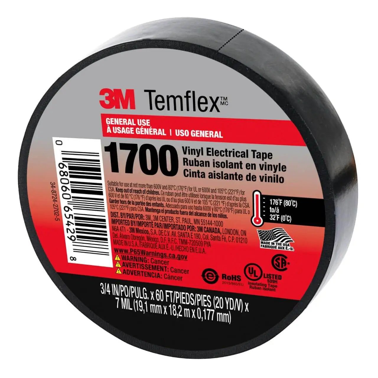 Temflex 1700 Vinyl Electrical Tape single roll 3/4 in (19.05 mm) x 60 ft (720 in / 18,288 mm) Black PVC 7 mil 600V flame retardant