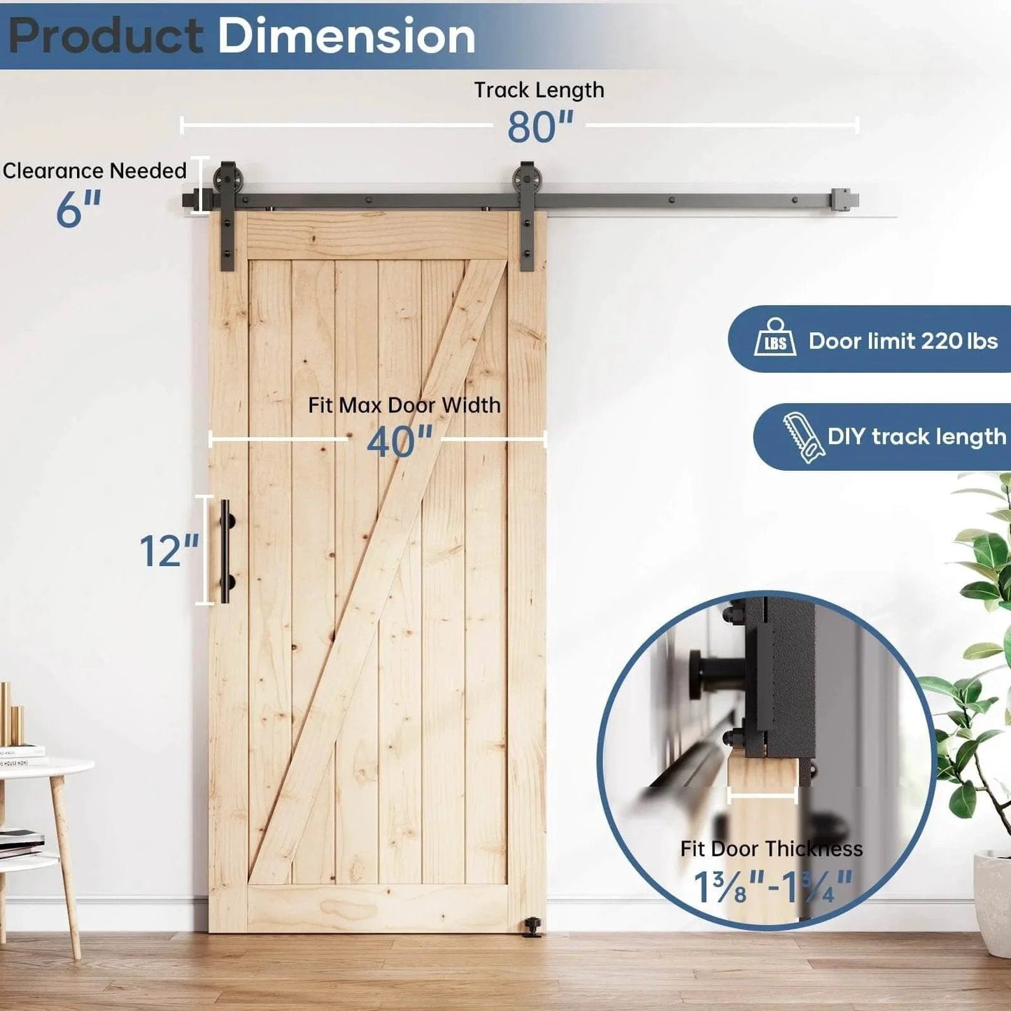 EaseLife 6.7 Foot Sliding Barn Door Hardware Track Kit And Handle In Black With Industrial Spoke Wheel Pulley Wall Mount Installed