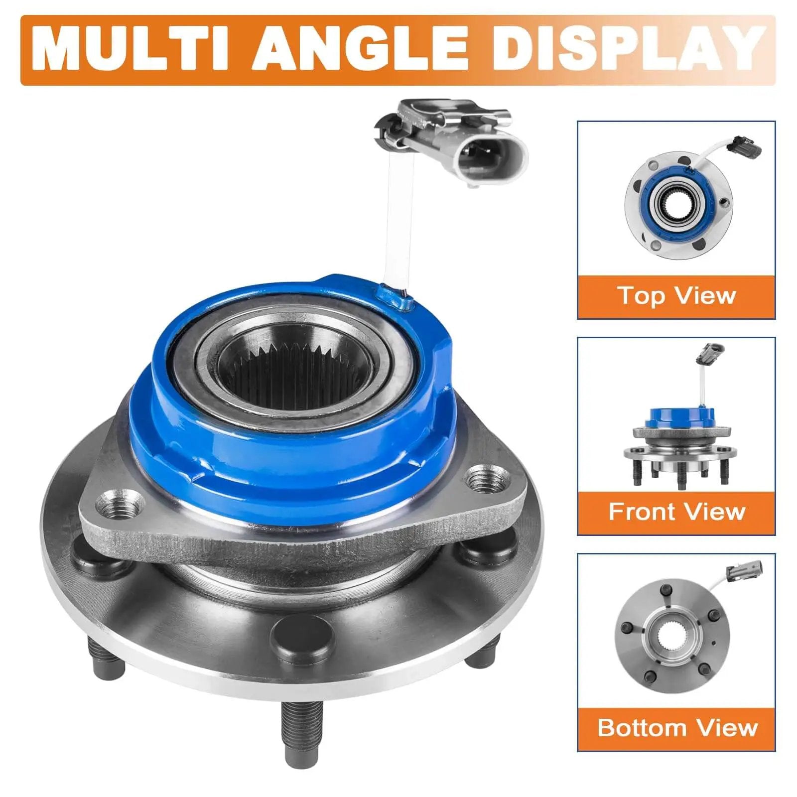 Multi-angle display of Pair Front Wheel Hub Bearing Assemblies 513121 Fits Chevy Impala 2000-2013 with 5-lug ABS and steel construction.