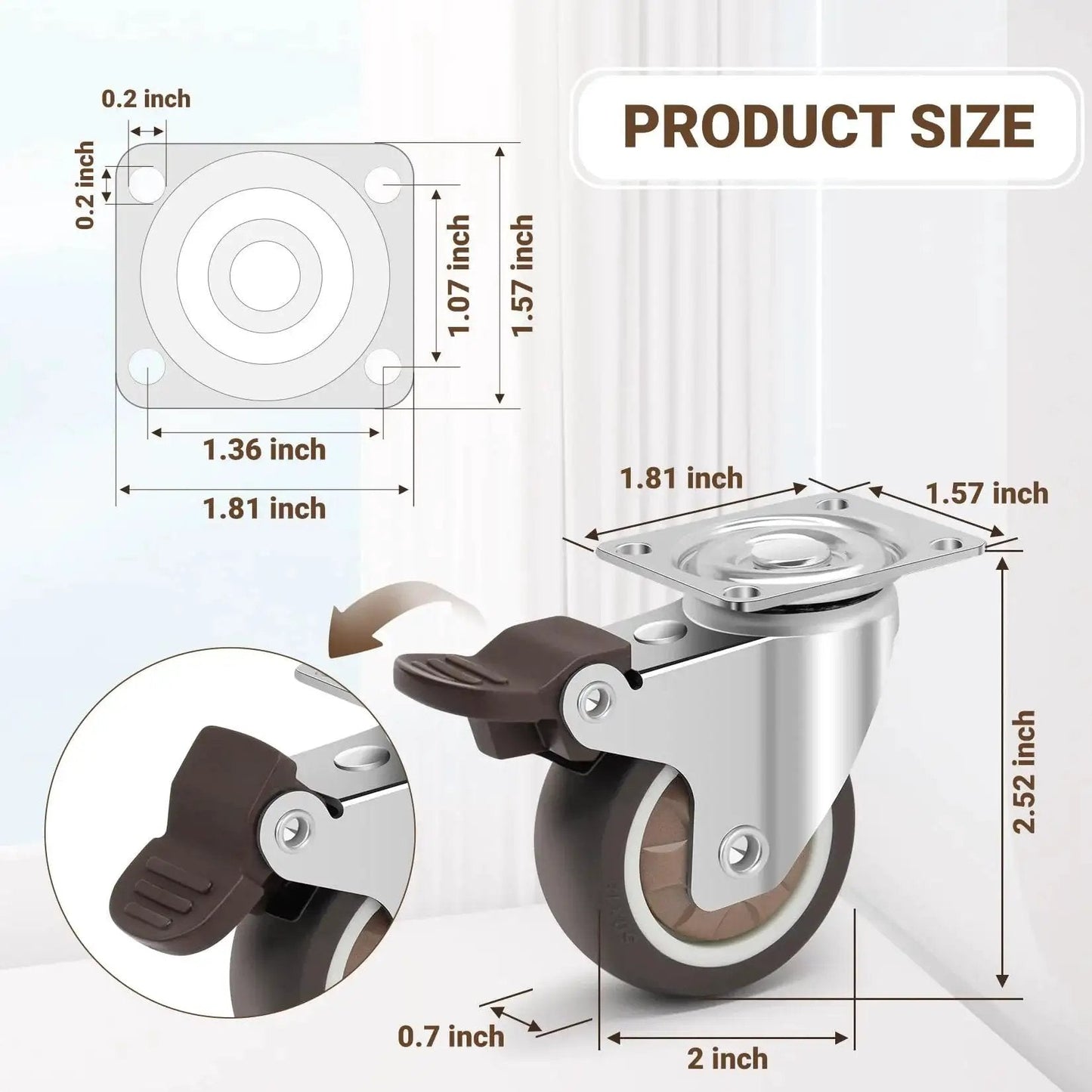 Silent 2 Inch Rubber Caster Wheels With Brakes For Furniture And Equipment, Swivel Casters With 360 Degree Rotation, dimensions diagram