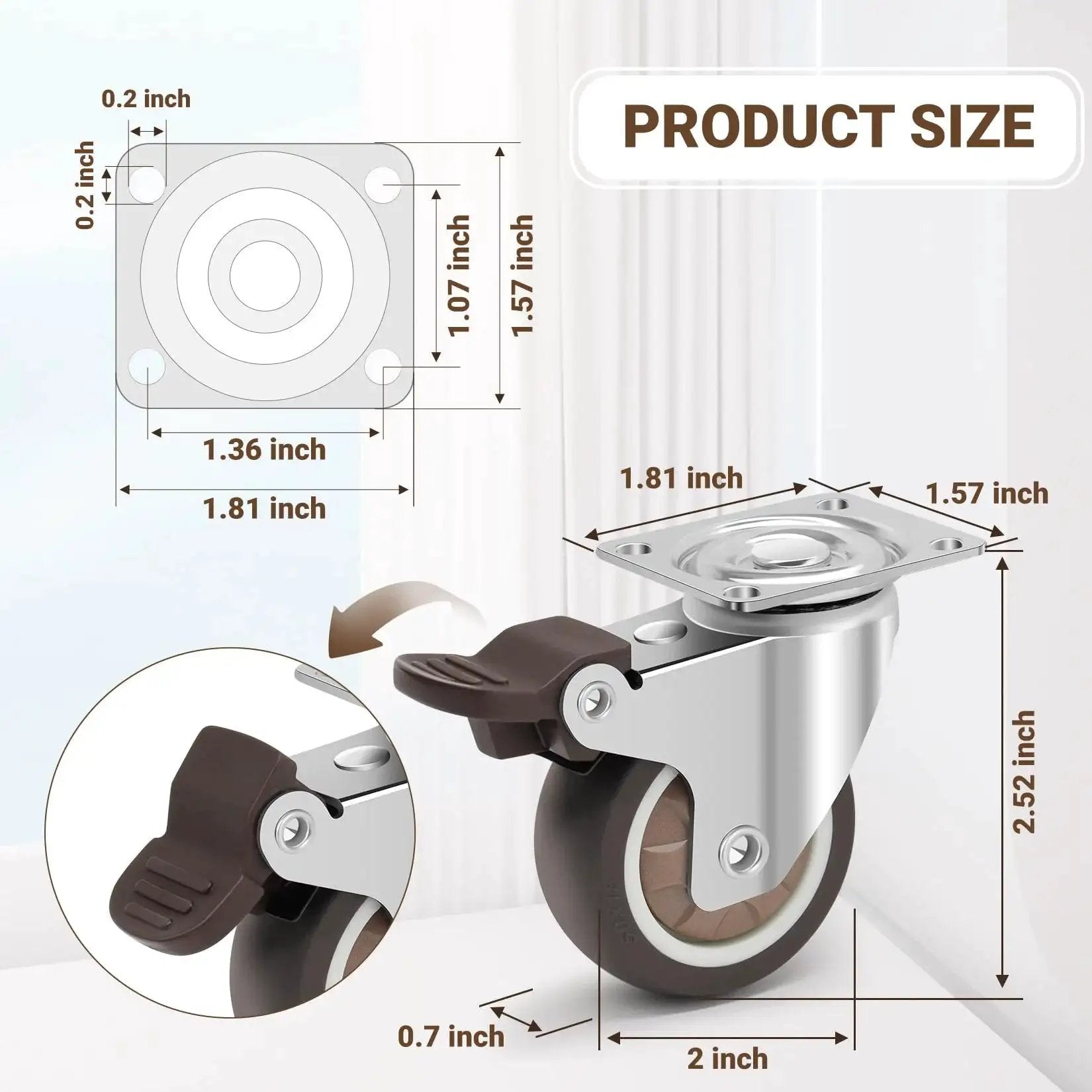 Silent 2 Inch Rubber Caster Wheels With Brakes For Furniture And Equipment, Swivel Casters With 360 Degree Rotation, dimensions diagram