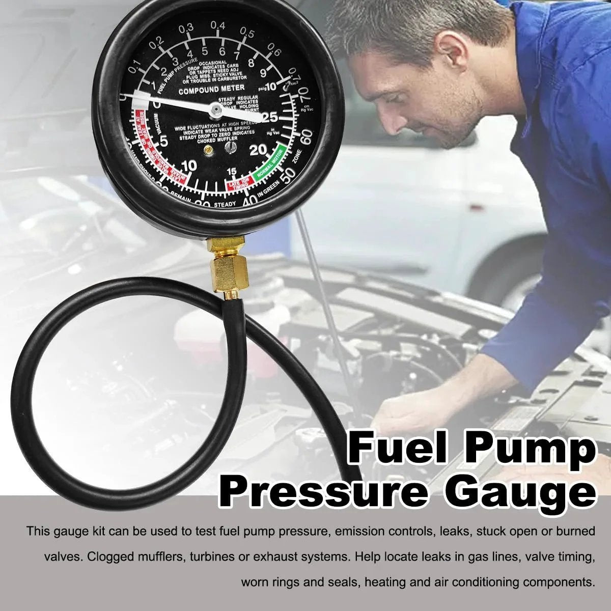 DIY Friendly Fuel Pressure Tester Kit With Vacuum Gauge For Cars And Trucks, close-up of gauge and man inspecting engine