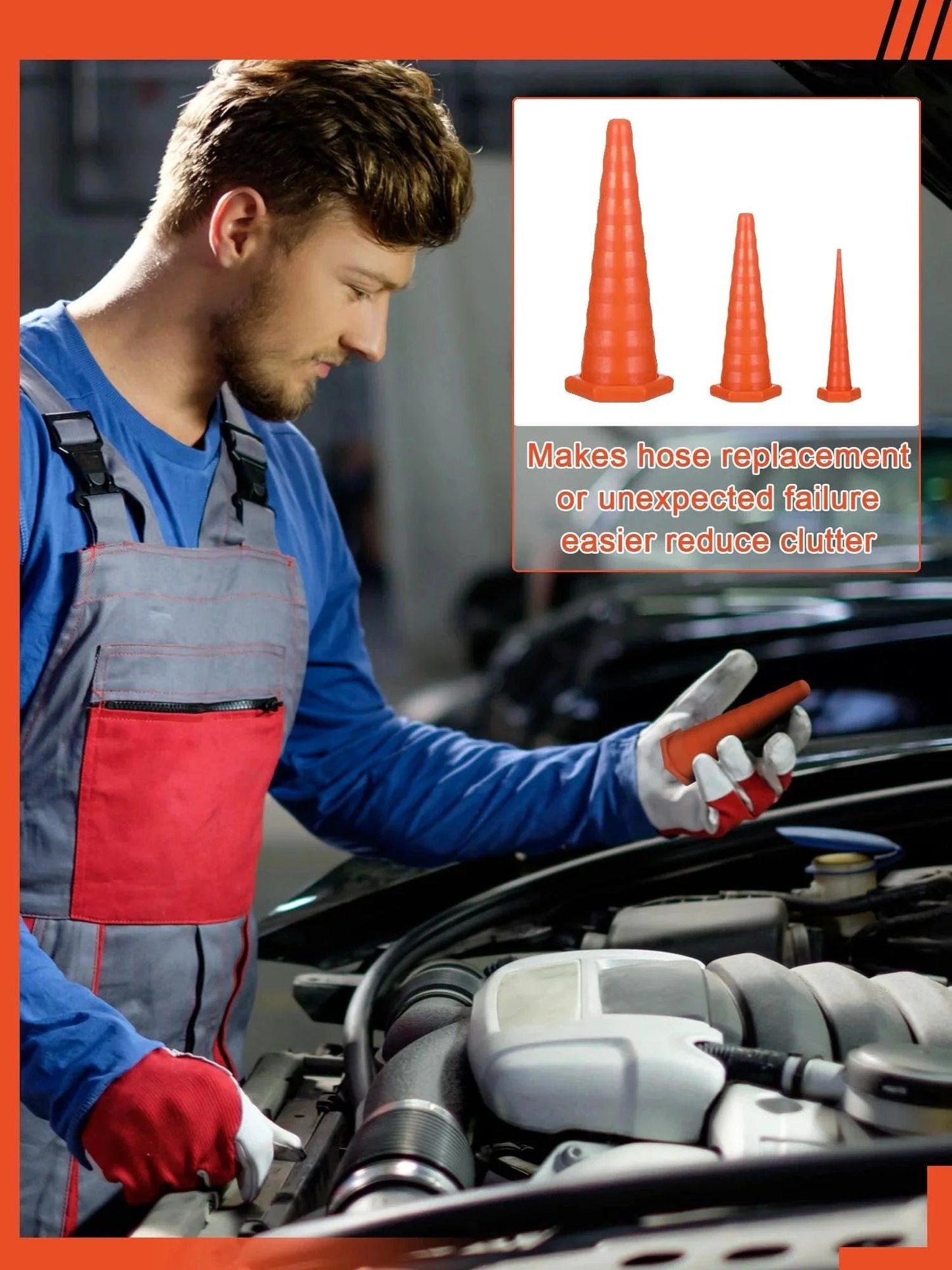 Mechanic using Hydraulic Oil Service Plugs Set Three Sizes Large Medium Small 35 Piece Orange Rubber Drip Proof Hose Plugs